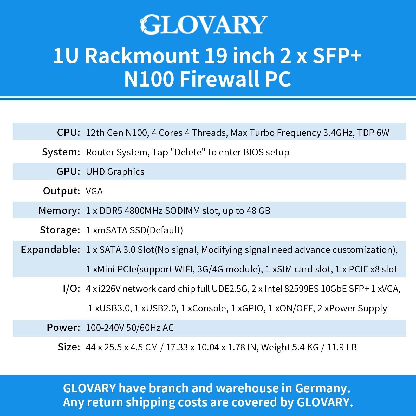 19" Firewall Rackmount N100, 2 x 82599ES 10GbE SFP+, 4 x i226V 2.5GbE LAN, 19 Pollici OPNsense Router Appliance, Barebone, 1U AES-NI Hardware, HD+VGA Dual Display, 2 x Power