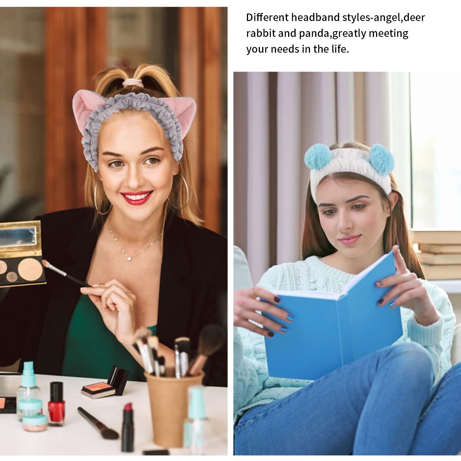 4 Stück Stirnbänder Mit Bärenohren – Süße Make-up-Haarbänder In Rosa, Grün & Gelb