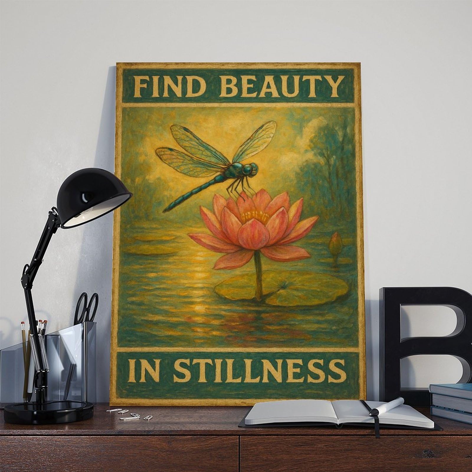 Poster su tela con libellula "Find Beauty in Stillness", per ufficio, idea regalo