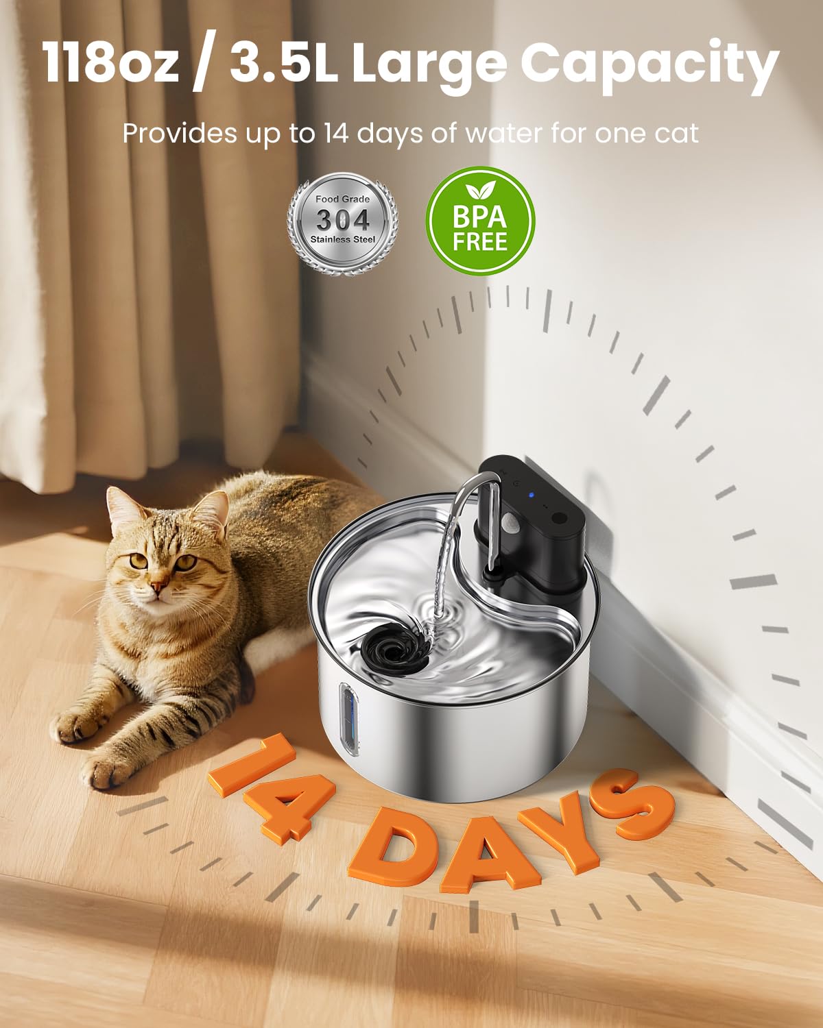Fontana d'acqua wireless per gatti, in acciaio inox, con sensore, 3,5 l, a batteria, senza fili, erogatore automatico di acqua, pompa silenziosa, senza BPA, per bere, facile da pulire, per gatti, cani