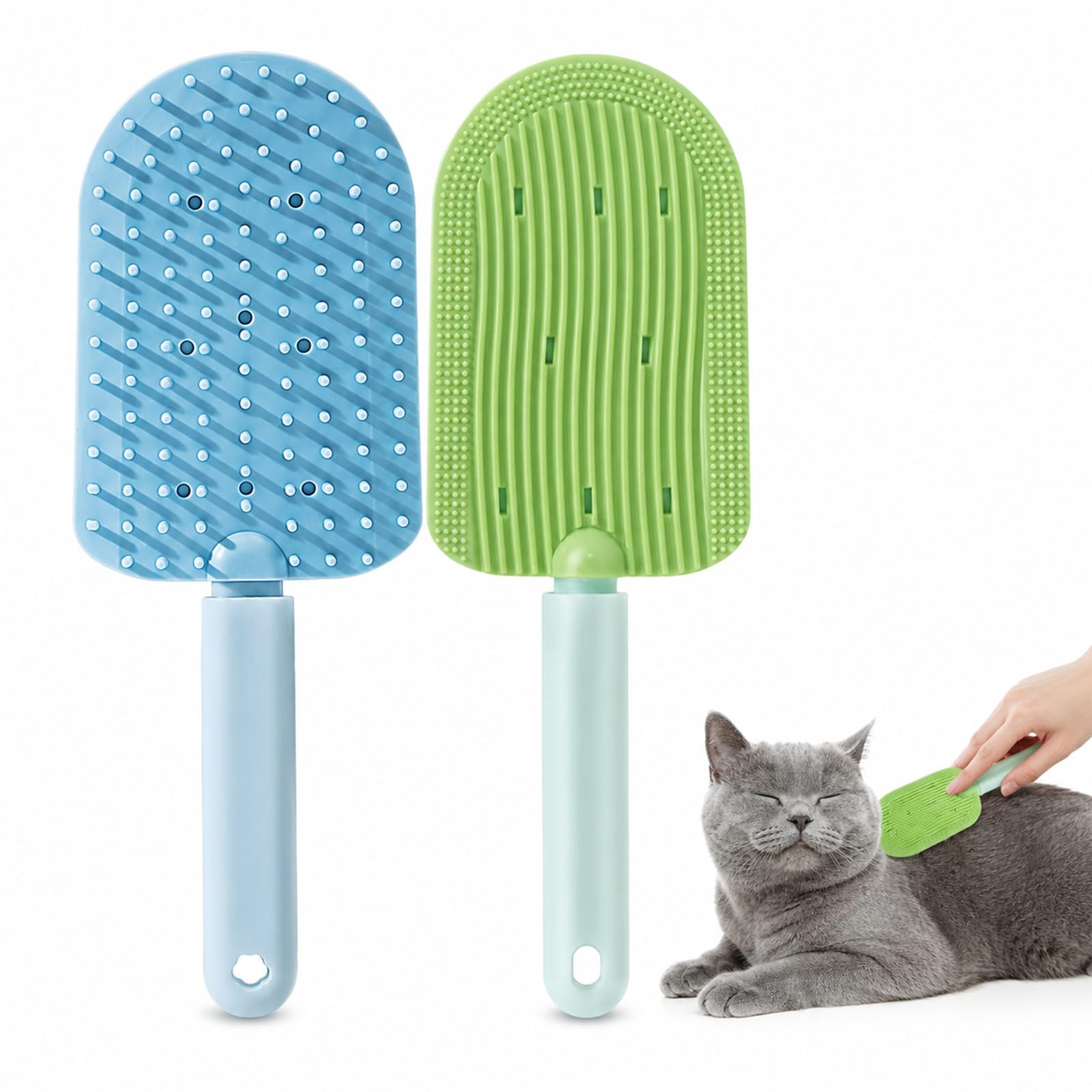 2 Pack Double Sided Silicone Pet Grooming Brushes, Washable Cat Combs for Hair Removal, Blue & Green, for Long & Short Haired Cats Household Cleaning