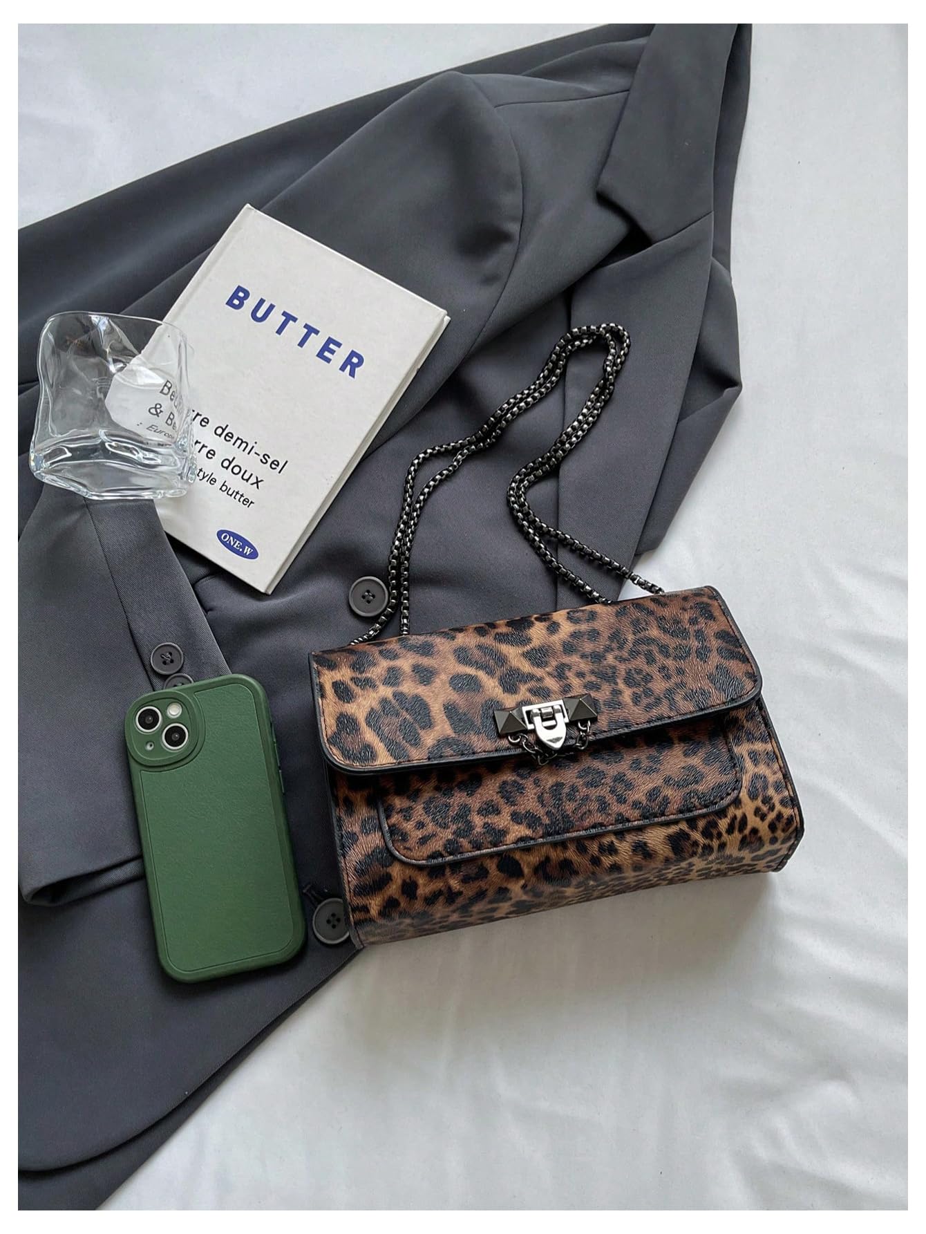 RoseSeek Bolso de mano de piel con estampado de leopardo y hebilla de metal para mujer