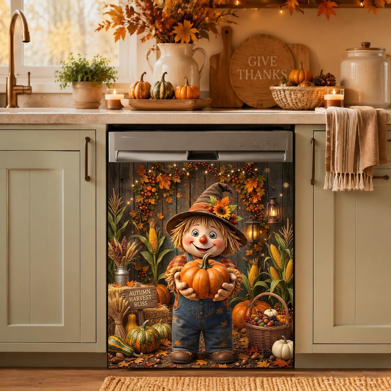 Thanksgiving Dishwasher Magnet Cover 23 x 25.5 Inch, Cute Scarecrow Pumpkin Dishwasher Magnetic Cover, PVC Dishwasher Decorative Magnet for Kitchen Decor