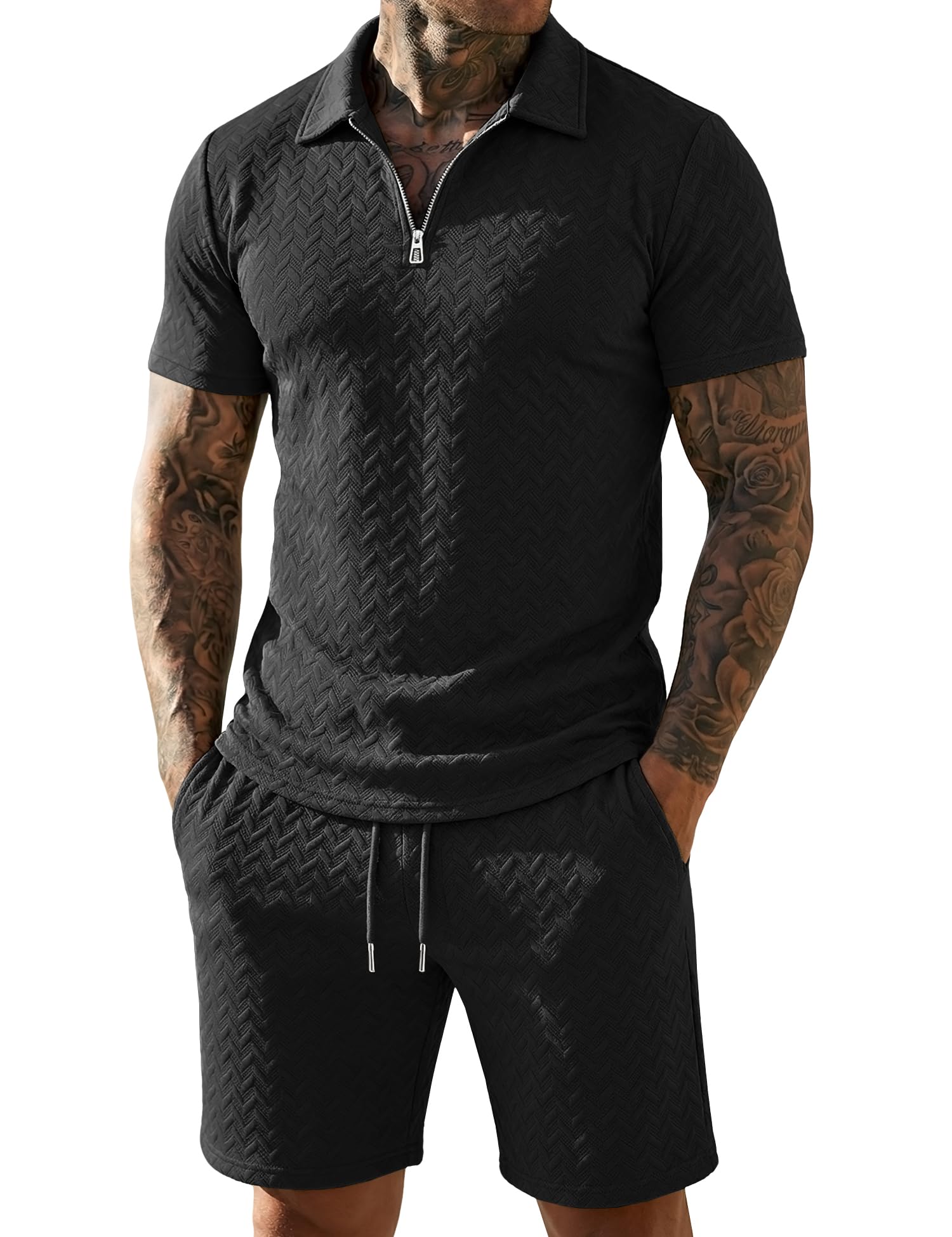 URRU Mens Textured Polo Shirt and Shorts Sets Outfits 2 Piece Summer Tracksuits Casual Quarter Zip Golf Polo Shirts