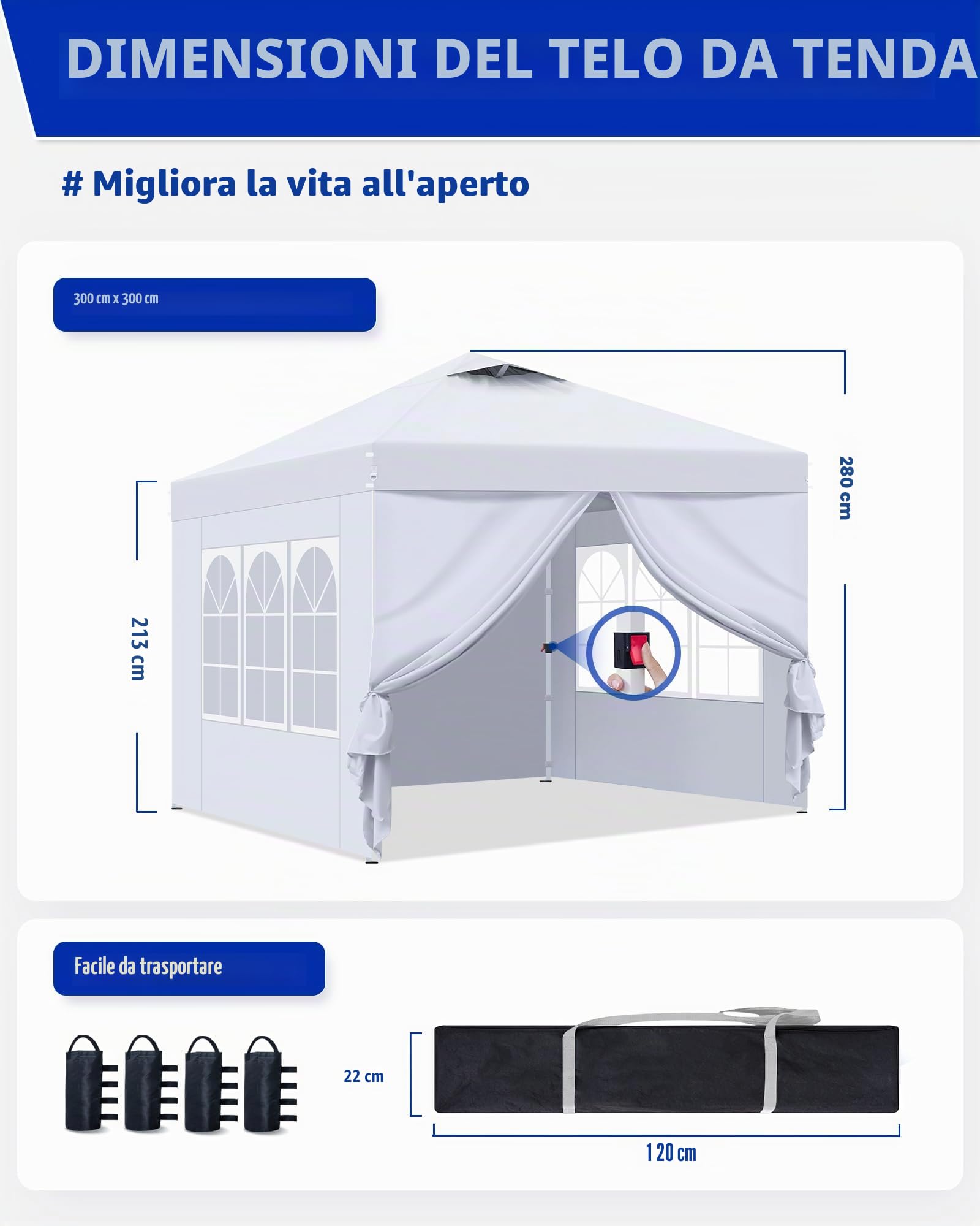 Pop Up Gazebo 3x3 Pieghevole, con 4 Pareti, Tessuto Oxford 210D, Protezione UV 50+, Portatile Gazebo Esterno Resistente per Esterno, Matrimonio, Festa (Bianco, 1PCS)