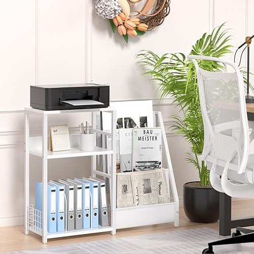 Miniatura 7 de Mesa para tocadiscos, estante giratorio con almacenamiento de vinilo de hasta 150 álbumes, mesa auxiliar blanca con estante para libros periódicos