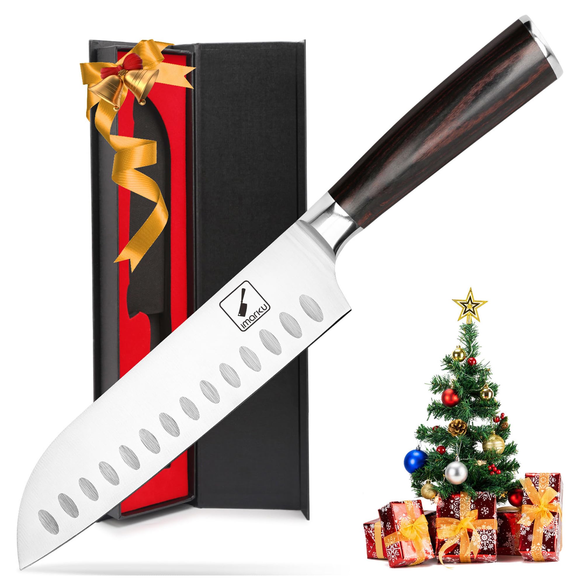 imarku 7 inch Kitchen Knife - Ultra Sharp Asian Santoku Japanese Chef Knife - German HC Stainless Steel 7Cr17Mov - Full Tang Pakkawood Handle, Ideal for Home and Restaurant Kitchens