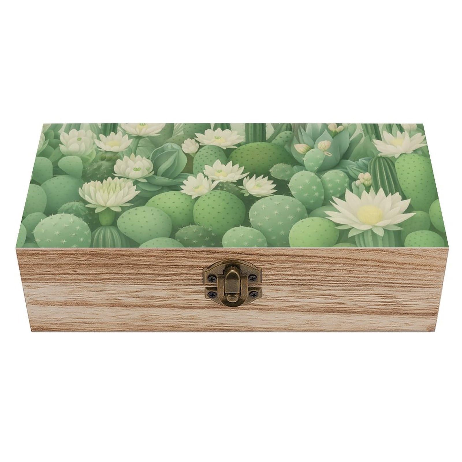 SMAZDFXX Cactus with White Flower Wooden Storage Box Multipurpose Decorative Box for Jewelry Photo Home Decor
