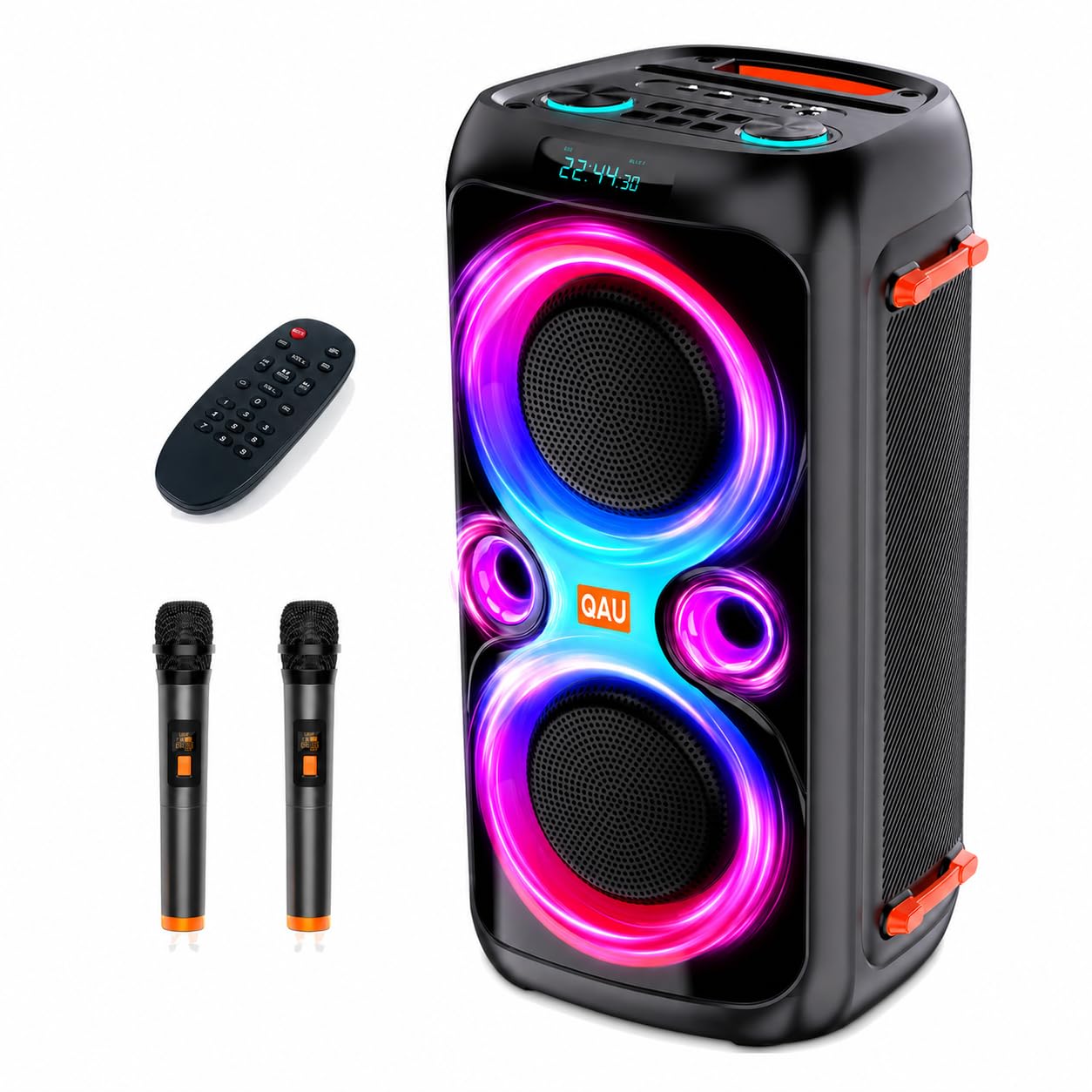 QAU Bluetooth Party Speaker, 120W Peak, Dual 6.5" Woofers, 2 Wireless Mics