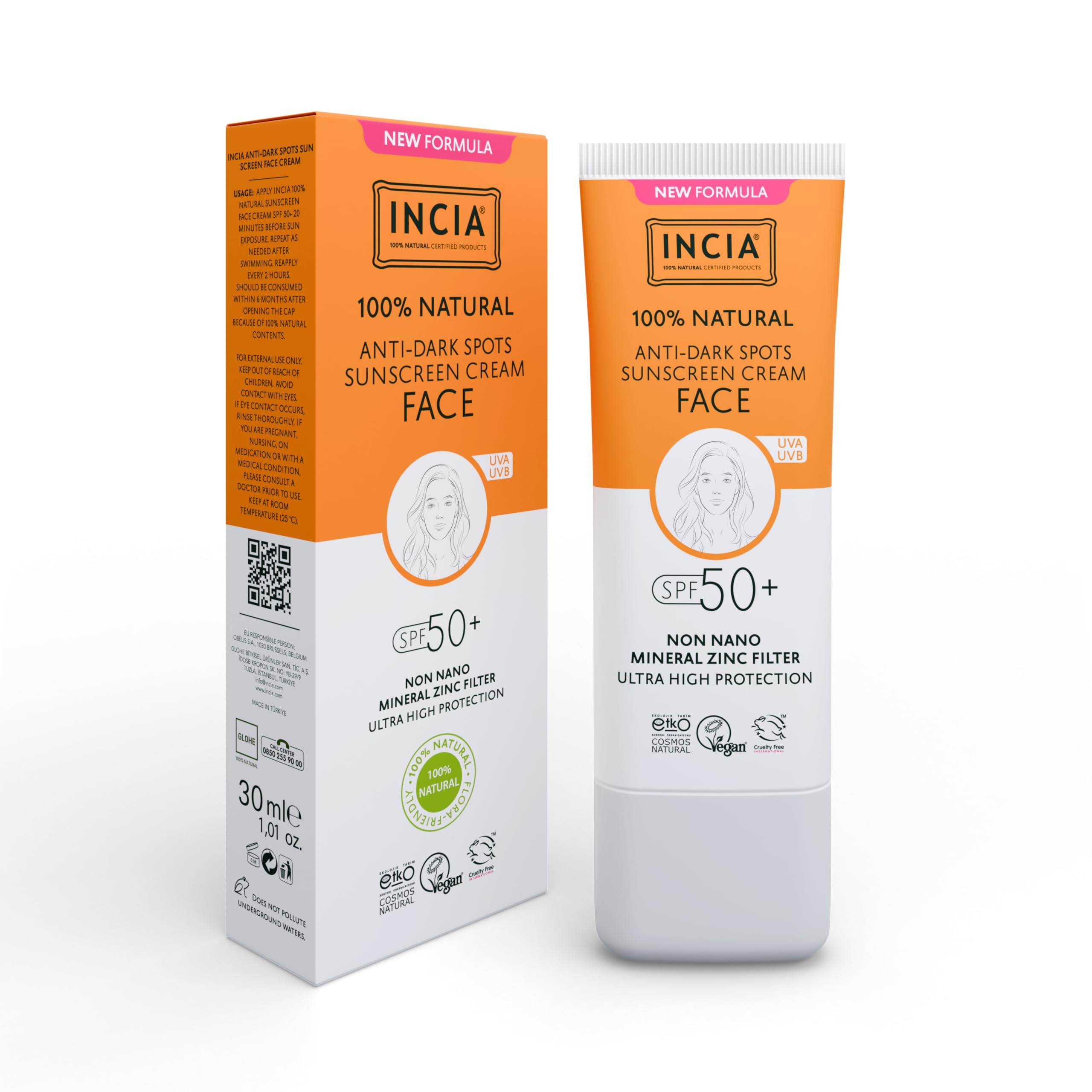 INCIA%100 Doğal Yüz Güneş Kremi Leke Karşıtı Aydınlatıcı Mineral Filtre SPF 50+ UVA1 UVA2 UVB 30 ml