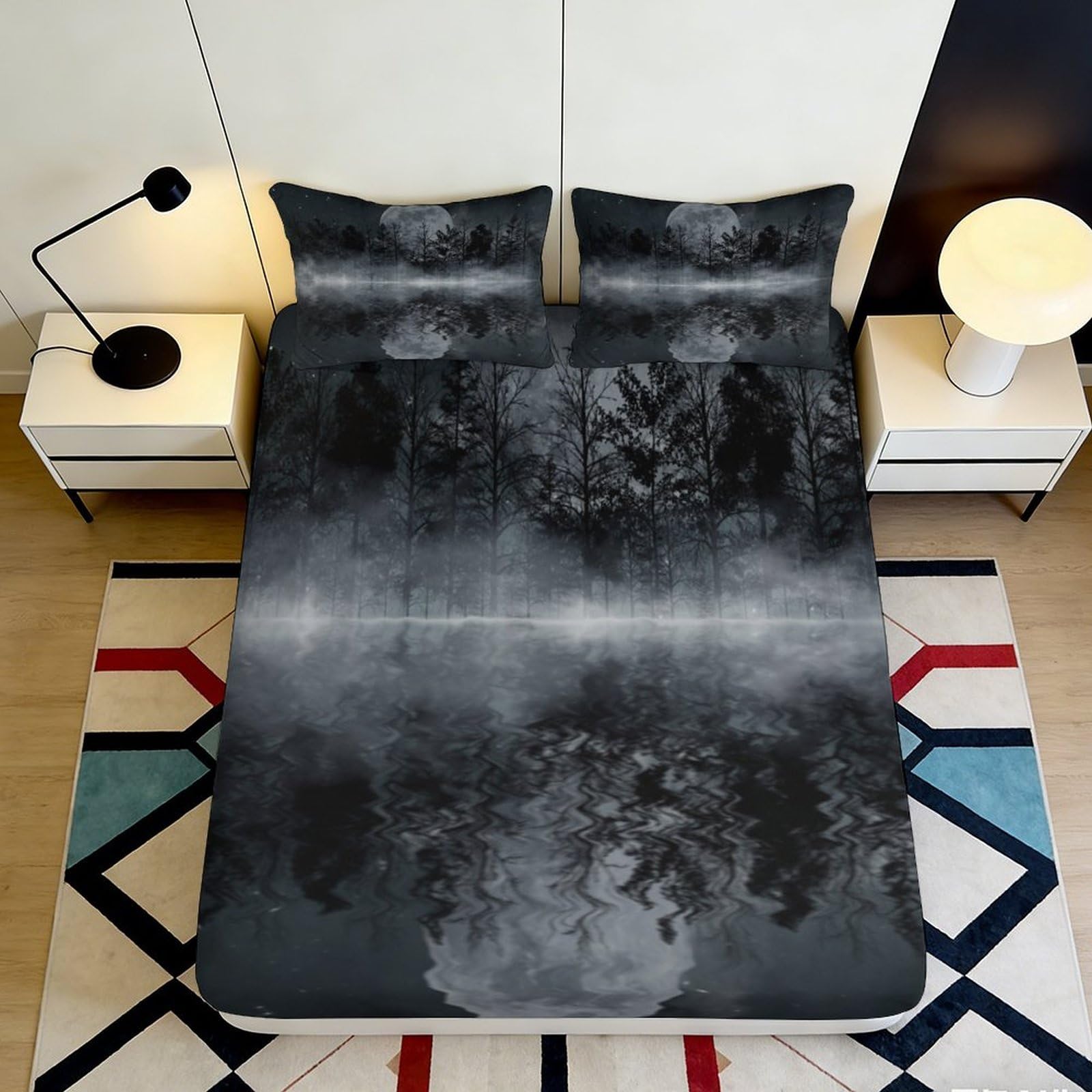 3D Printed Dark Forest Fitted Sheet Microfiber Soft Breathable Misty Lake Mattress Cover for Bedroom Dormitory Guest Room Protection and Decor 140x200x25cm
