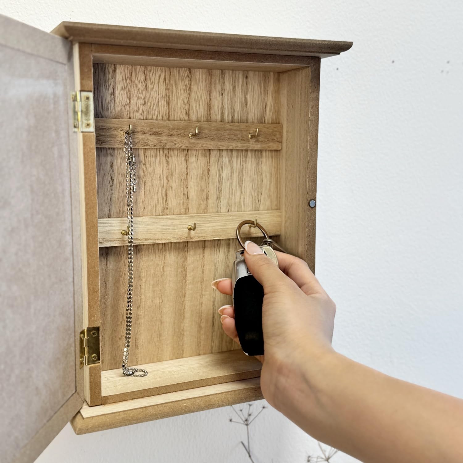 Caja Guardallaves de Madera Decorada Estilo Nórdico con 6 Colgadores de Pared -Arbol de la Vida