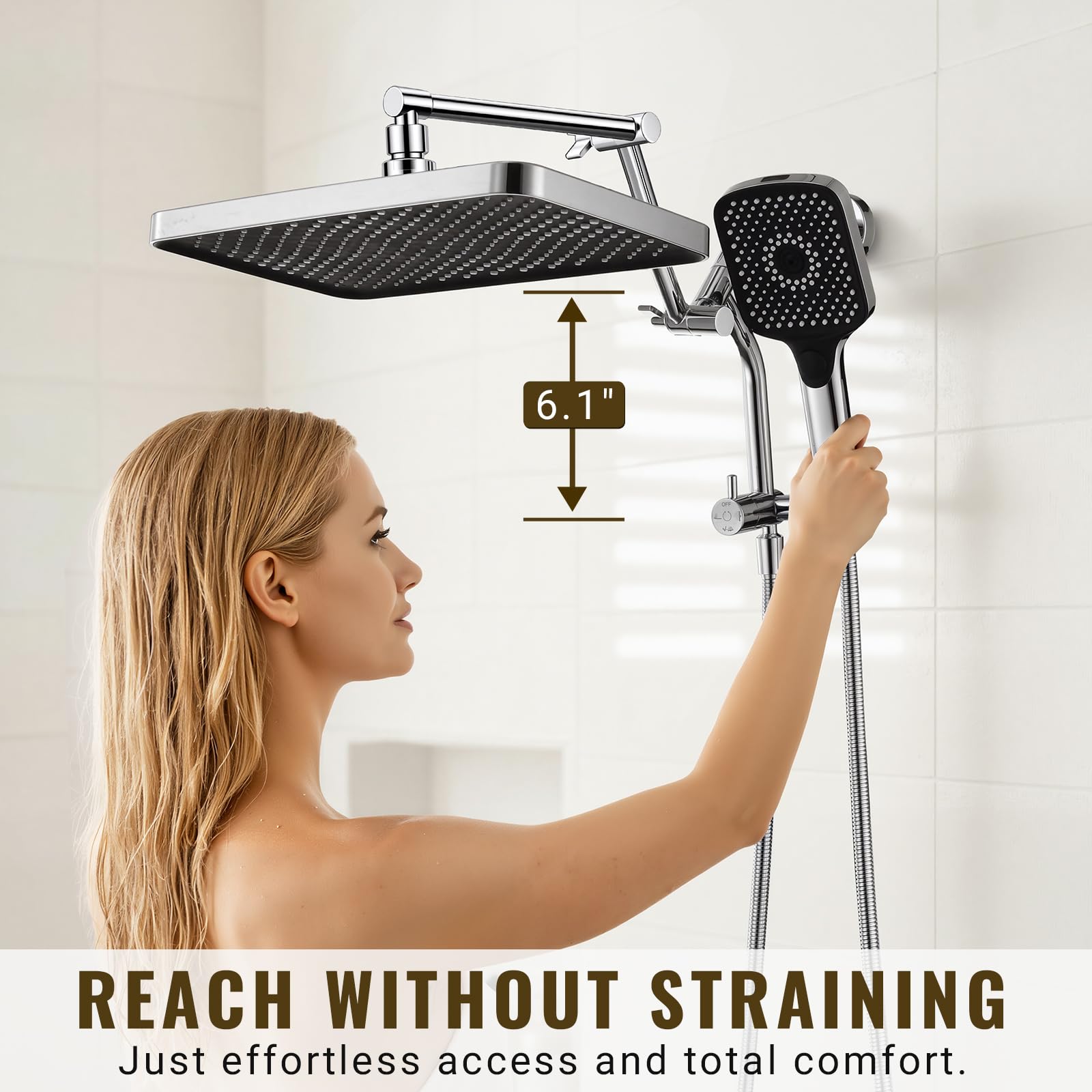 Cabezales de ducha de 13 pulgadas con pulverizador de mano multifunción, desviador extendido de metal de 3 vías con soporte y brazo de extensión de ducha ajustable de metal, manguera extra