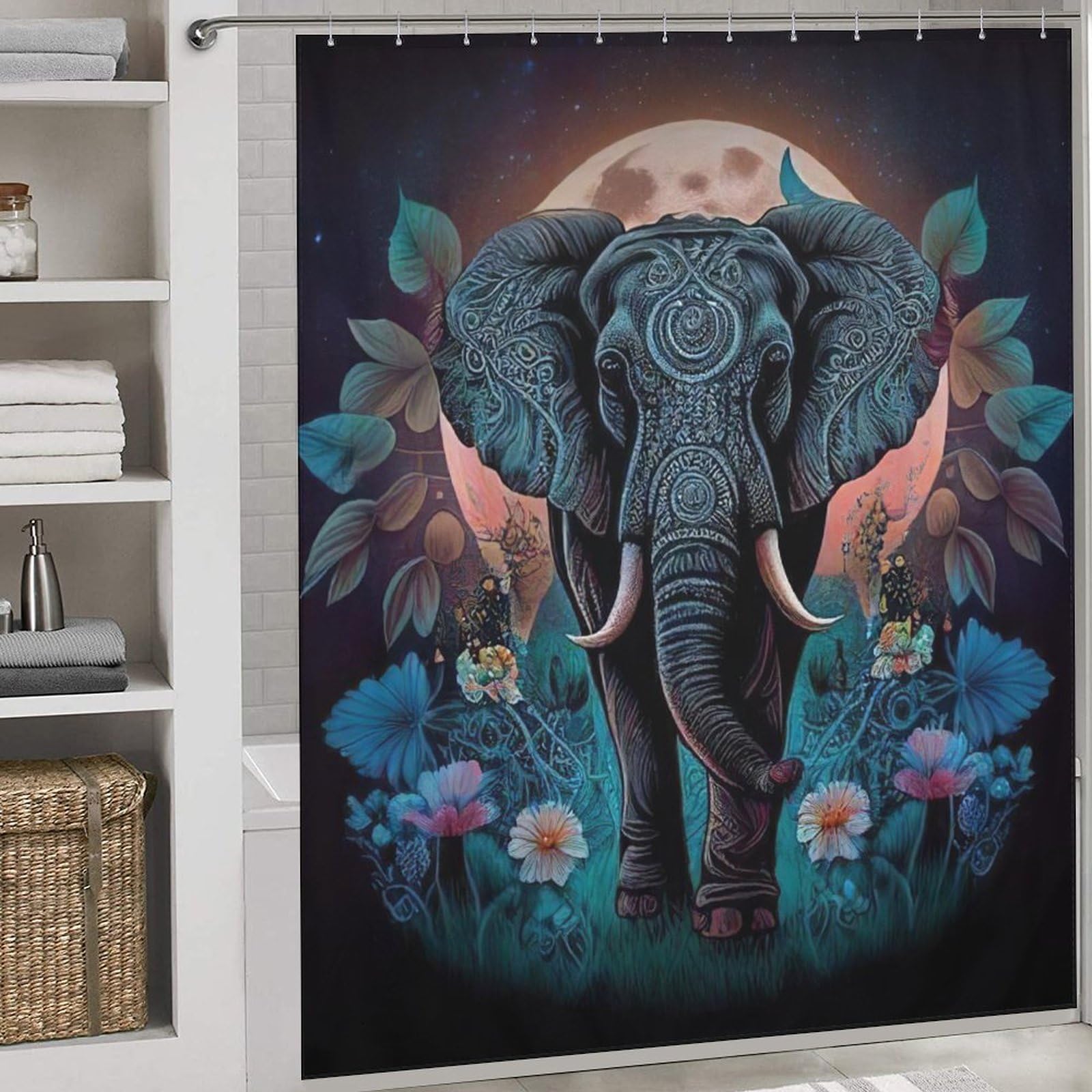 Rideau de douche éléphant en polyester lavable 183x183 cm avec 12 crochets