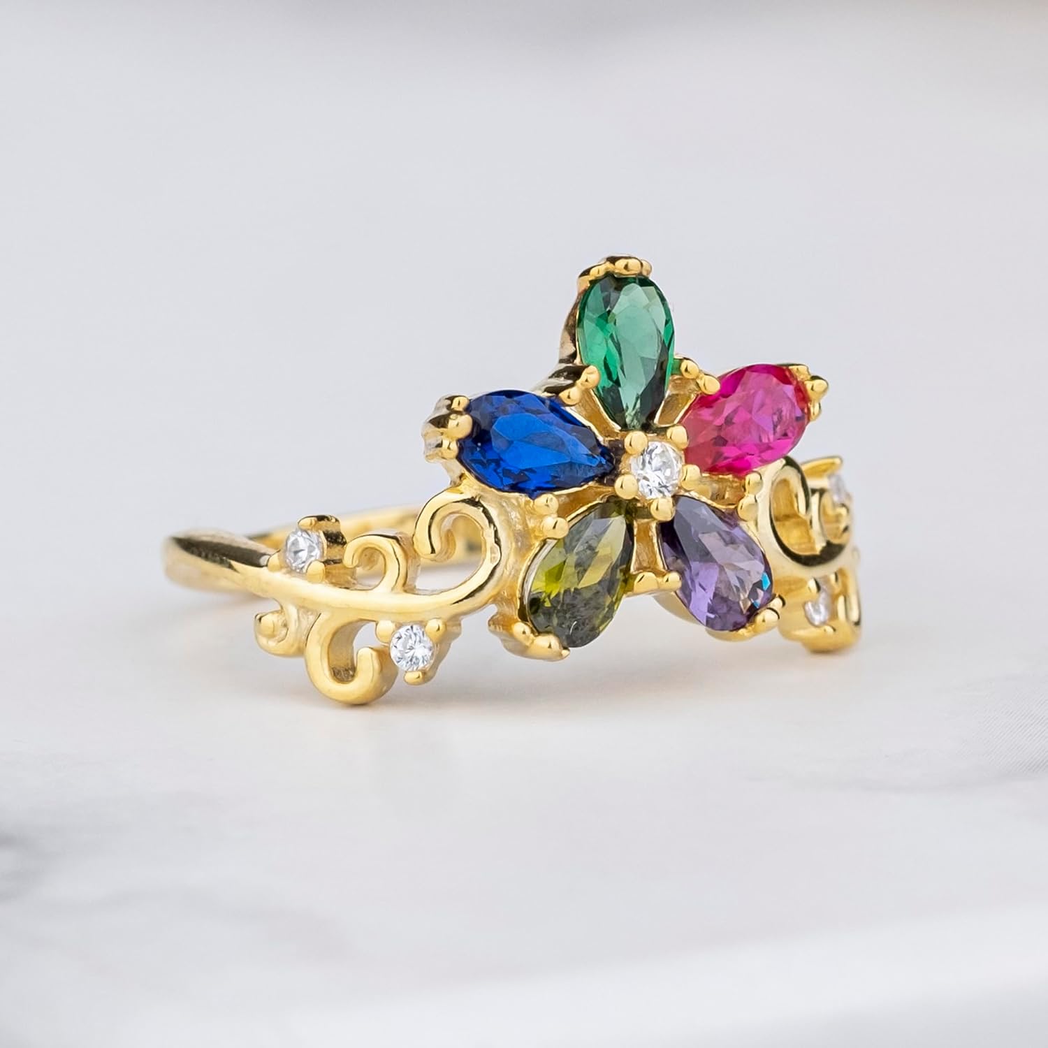 Daisy Style 5 Birthstones Ring, Gemstone Ring, Mother Grandma 14K Gold Family Ring, Sterling Silver Custom Ring, Personalized Gift, Mothers Day Gift