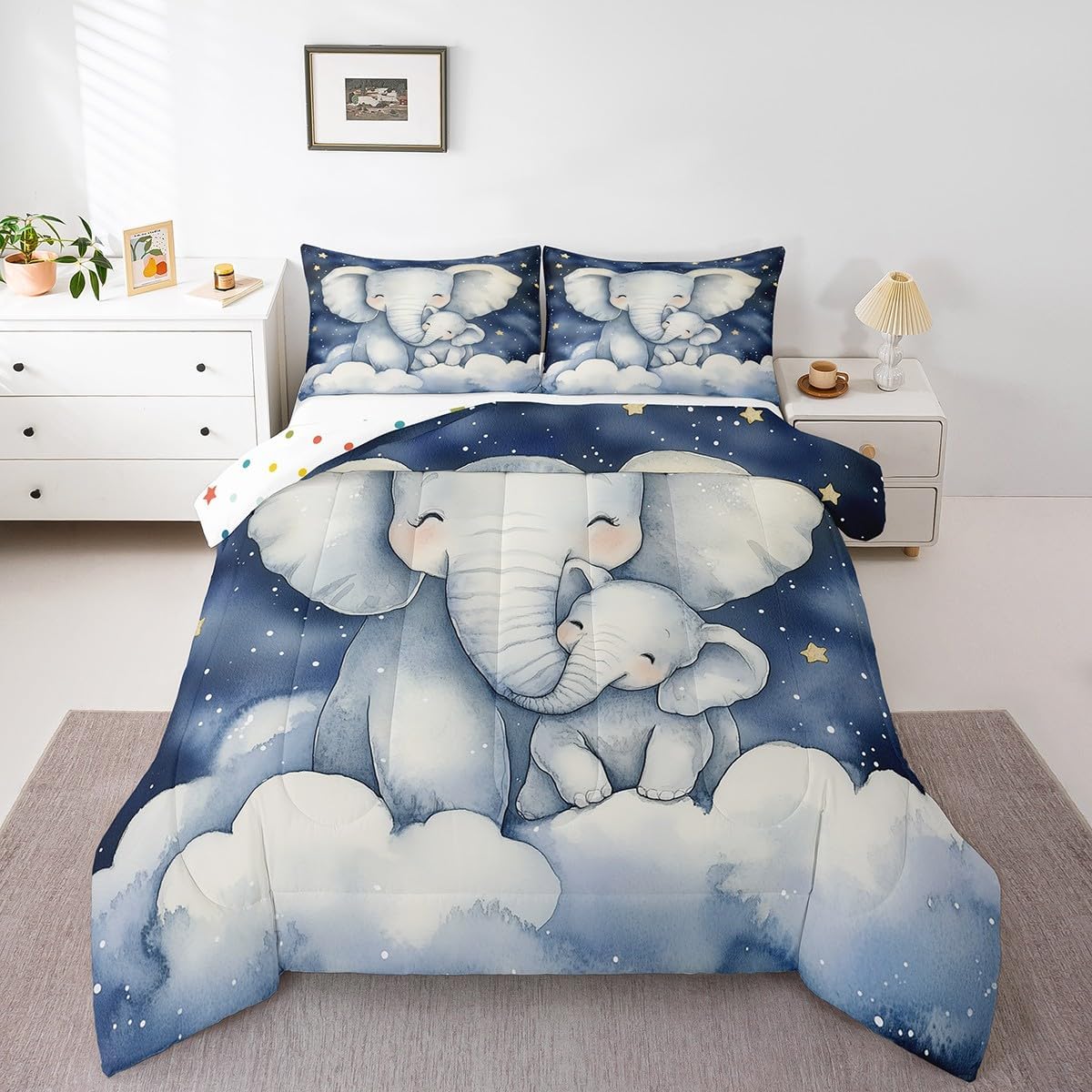 Feelyou Elephant Comforter Set Queen Size Animal Theme Comforter Cartoon Elephant Bedding Set Sky Blue Duvet Set Room Decor Small Animall Quilt Set
