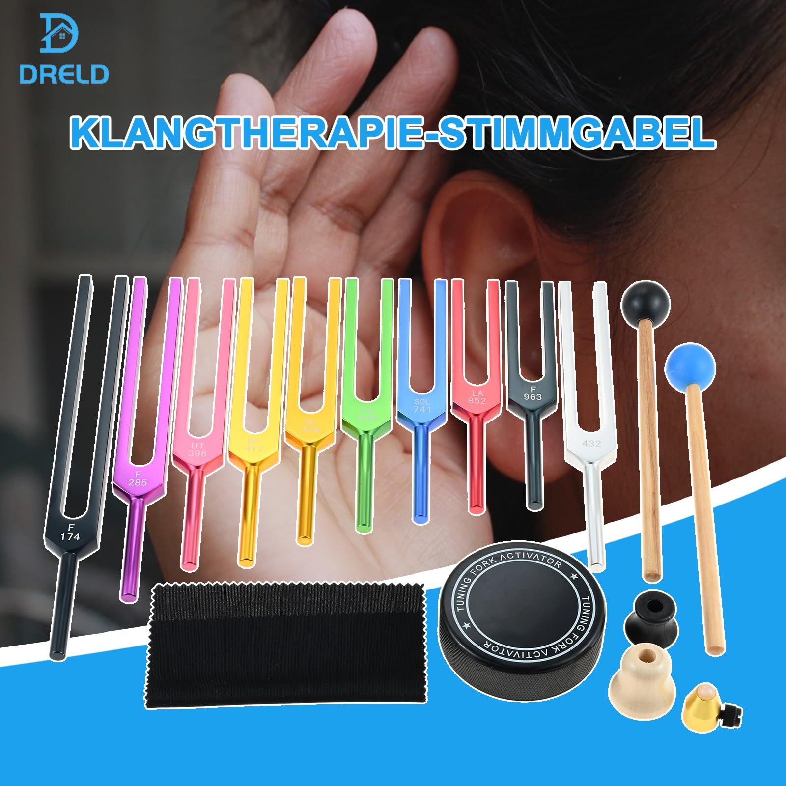 DRELD Stimmgabel,Stimmgabel Neurologie,10er Set (174 Hz, 285 Hz, 396 Hz, 417 Hz, 432 Hz, 528 Hz, 639 Hz, 741 Hz, 852 Hz, and 963 Hz), für Klangtherapie Gewichtete Stimmgabel Geeignet Meditation