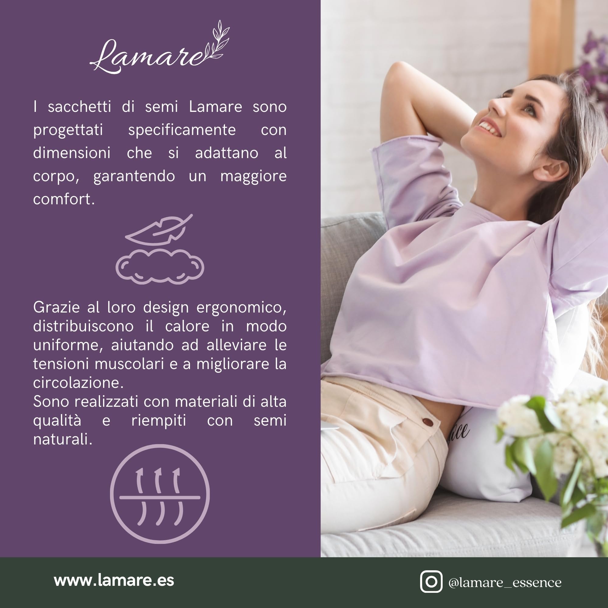 Lamare - Cuscino termico con semi di grano ecologico e lavanda, 48 x 15 cm, rivestimento lavabile 100% cotone, per cervicale e coliche, terapie a freddo e caldo, Lavanda stampata