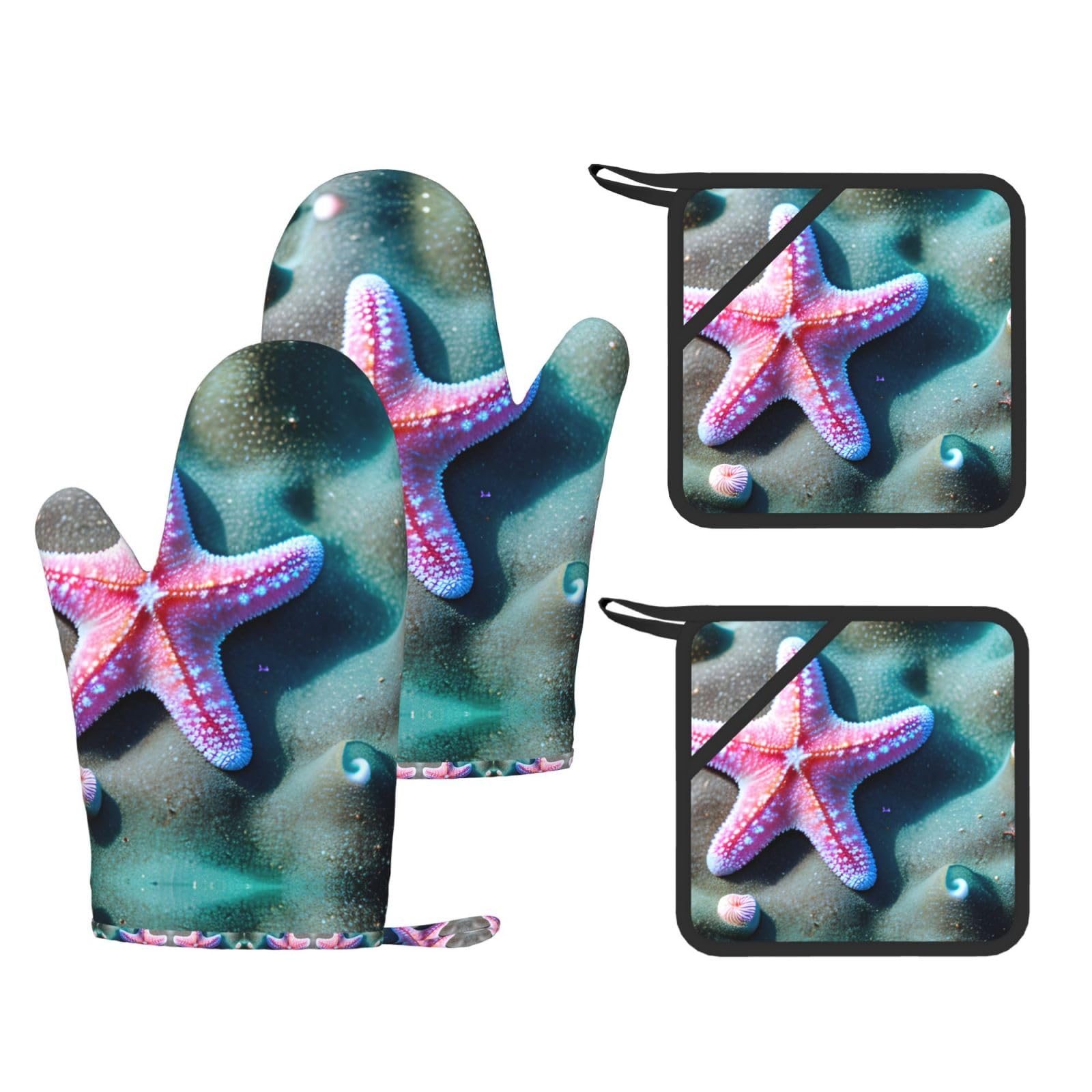 Seashells Starfish Printed Kitchen Set with Heat Resistant Oven Gloves & Non-Slip Pot Holders for Daily Cooking