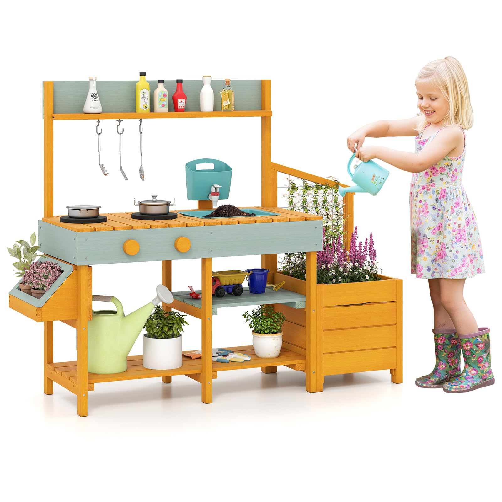 COSTWAY Cocina Juguete Exterior, Cocinita Infantil de Madera con Jardinera y Enrejado, Cocina de Barro con Fregadero Extraíble, Grifo, Fogones, Depósito de Agua para Niños de 3-8 Años (Amarillo)