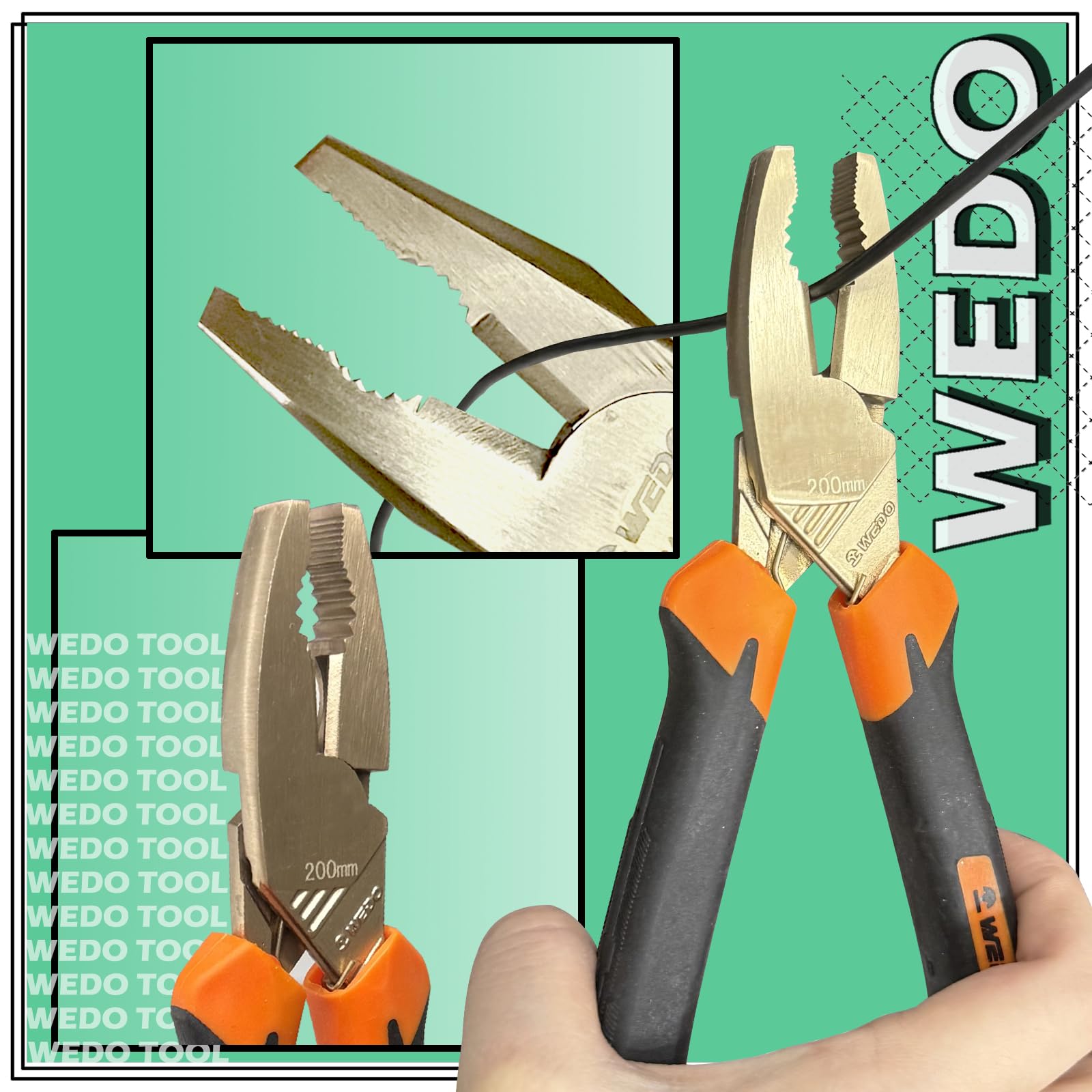 WEDO Lineman's szczypce, obcinacz boczny, kombinerki, szczypce do ściągania drutu, długość 200 mm, brąz aluminiowy, nieparkingowe, certyfikat BAM i FM