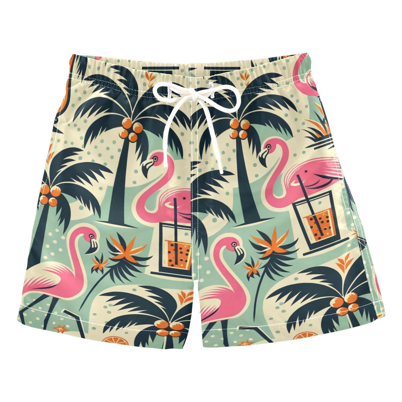 FLildon Tropical Trees Flamingos Drinks Boys Swim Trunks with Mesh Lining Quick Dry Beach Board Shorts, 4T