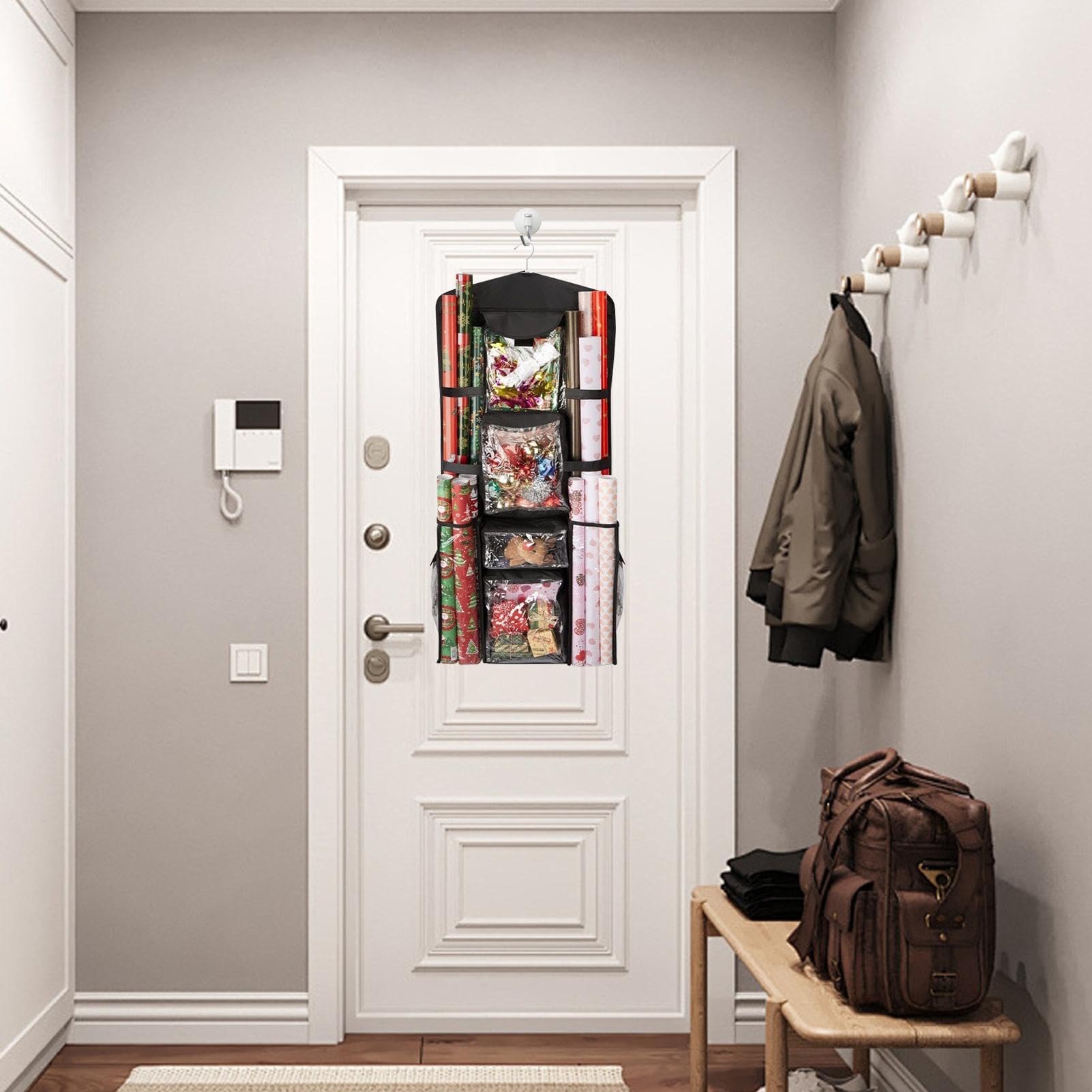 Wrapping Storage Organizer - Double-Sided Wrap Roll Holder | Wrap Holder, Long Craft Roll Organizer Wrapping Bag Container for Room Closet Door