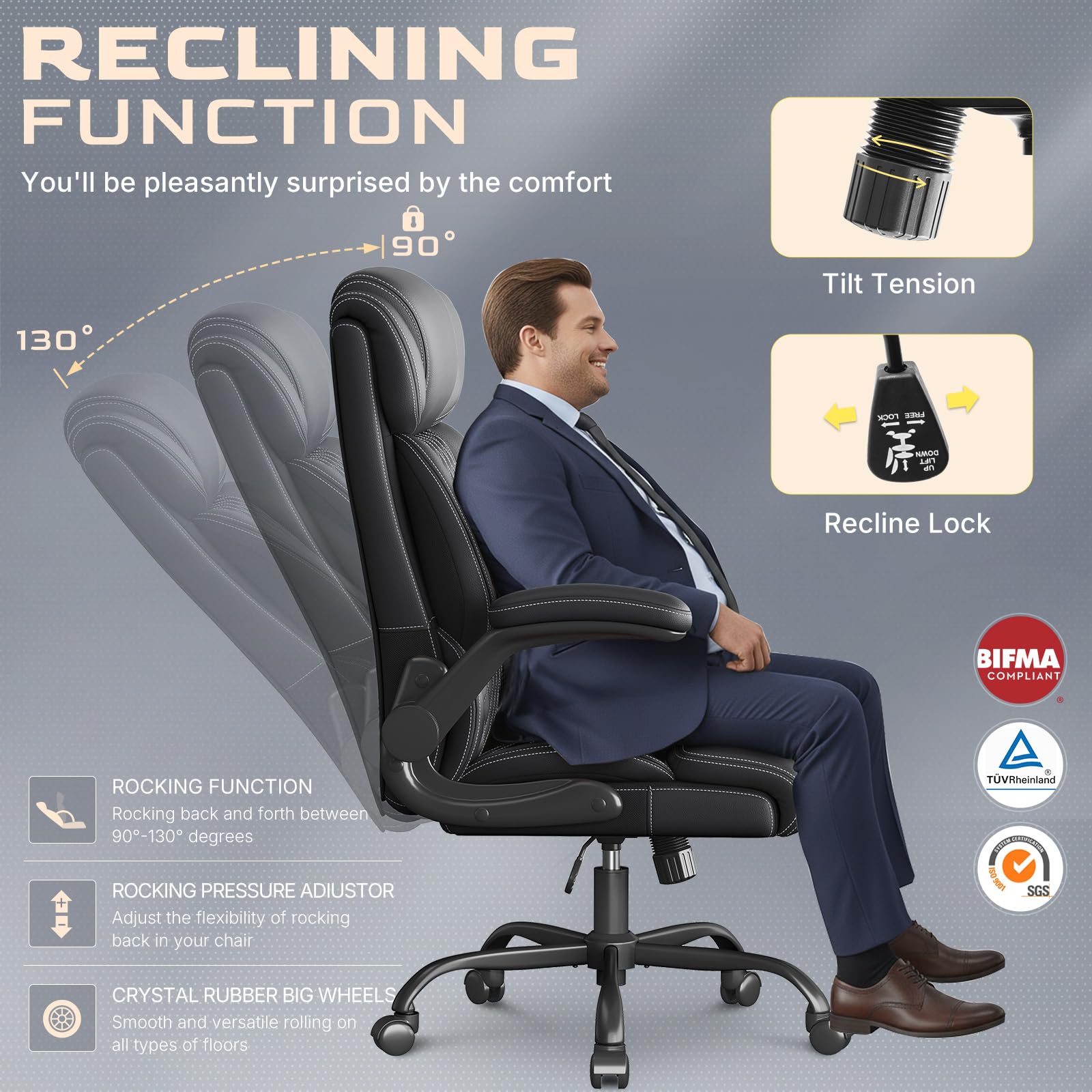 Office Chair-Executive High Back Breathable Comfy Desk Chair with Flip-up Armrests Lumbar Support-Ergonomic Leather Rolling Swivel Chair with Rock Function for Working Studying Gaming