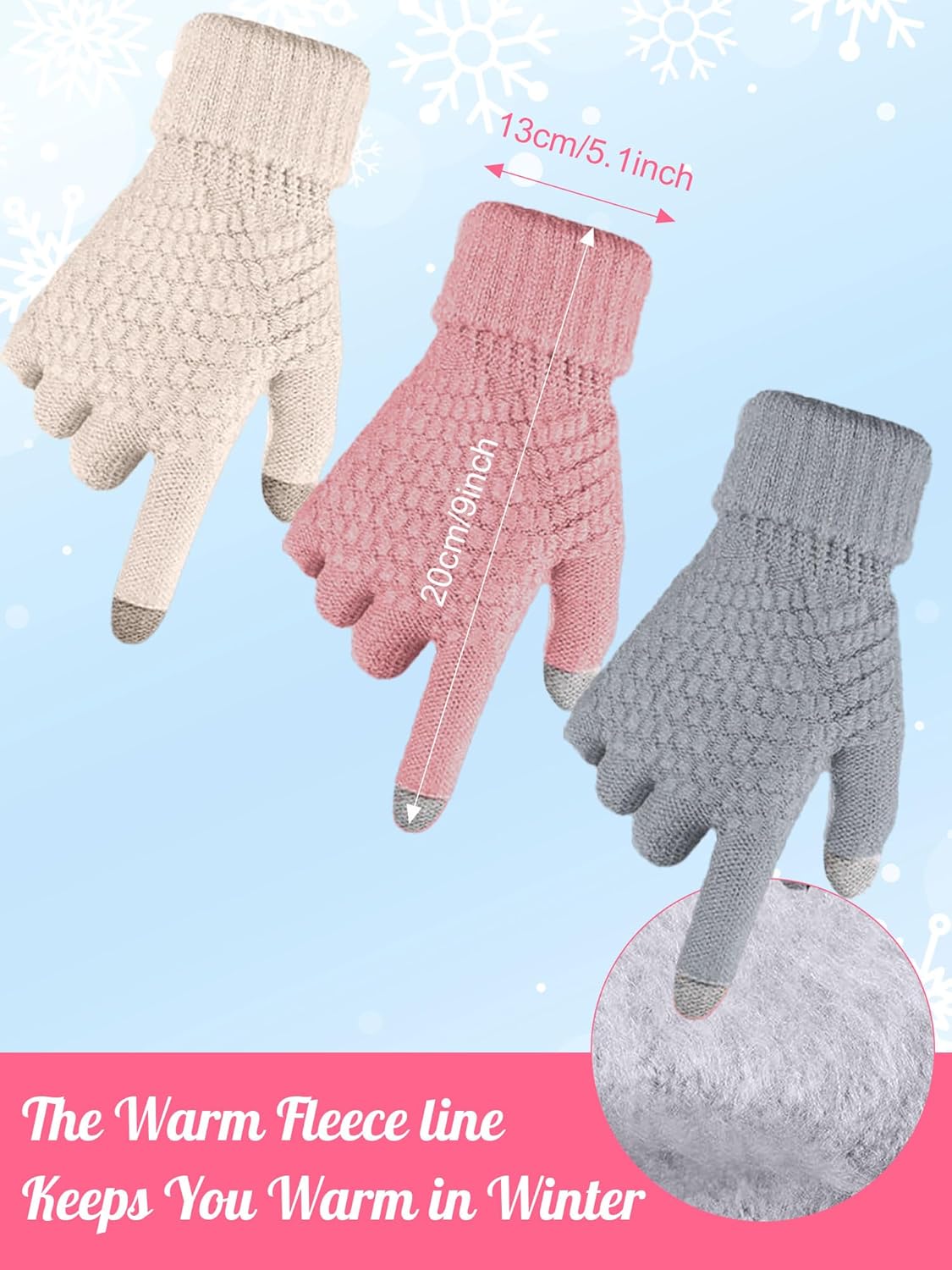 JaGely 6 Pcs Women Winter Beanie Hat Gloves Set Warm Knitted Hats and Touchscreen Gloves Lady Cold Winter Gifts for Christmas - Image 3