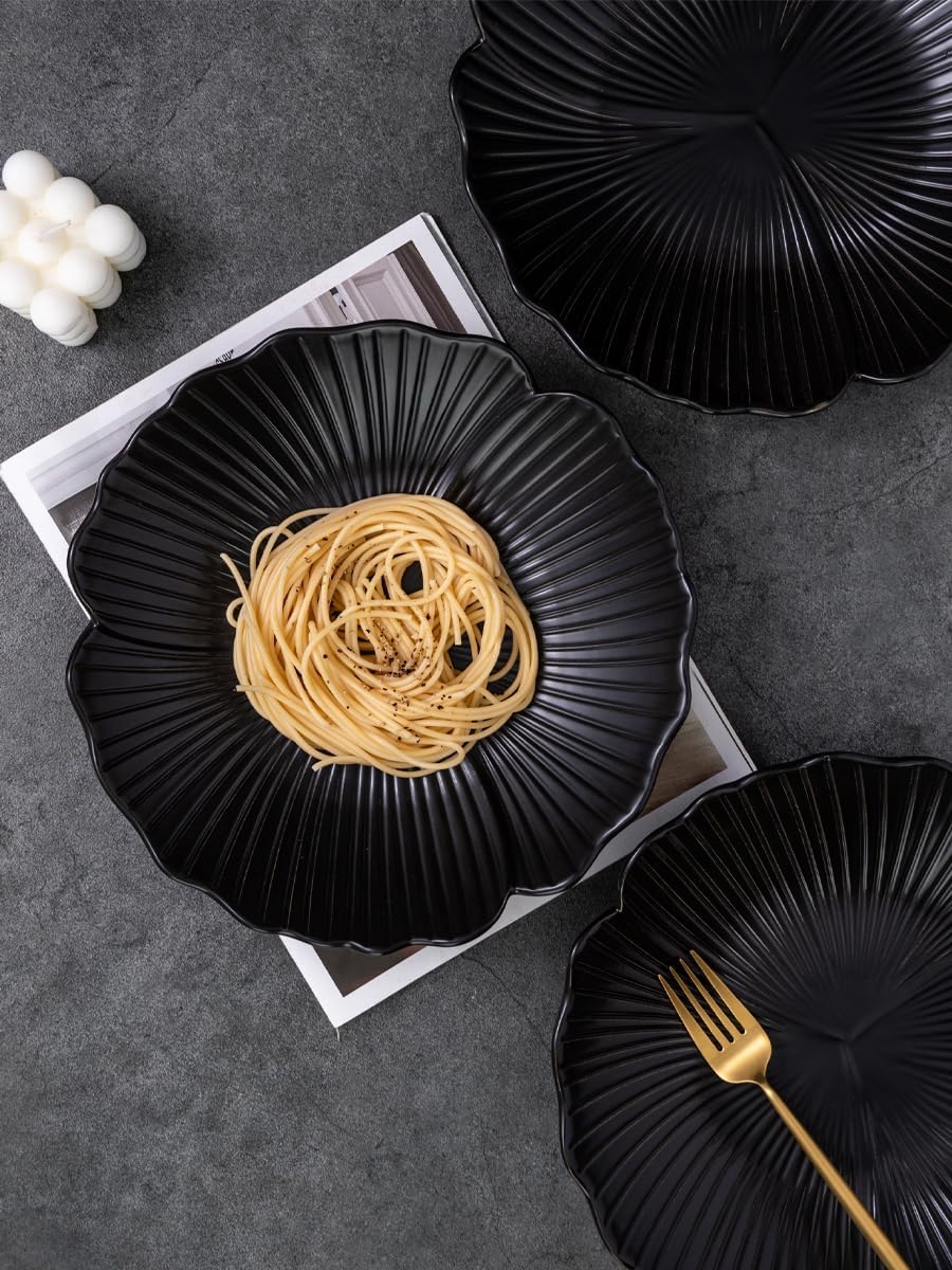 CLAY TONIC Set of 3-10 Inch Japanese Style Flower Petal Shaped Porcelain Round Dinner Plates, Versatile Circular Serving Plates for Pasta, Salad, Steak Dinner (White, 10 Inches)