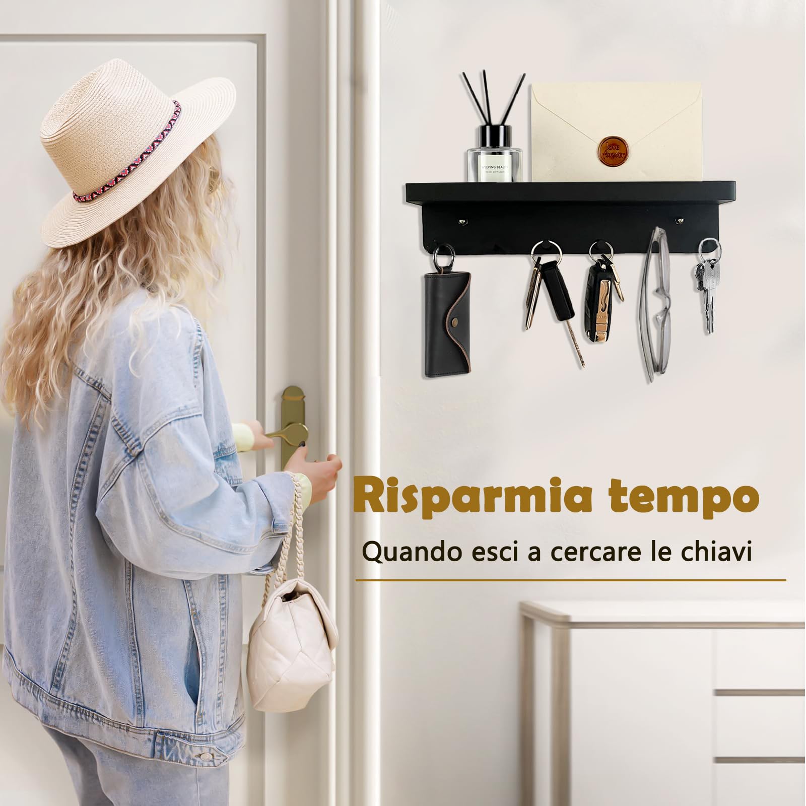 Portachiavi Da Parete Con 6 Ganci - Nero, Con Ripiano, Installazione Adesiva O A Viti, Per Ingresso O Ufficio - Foto 7