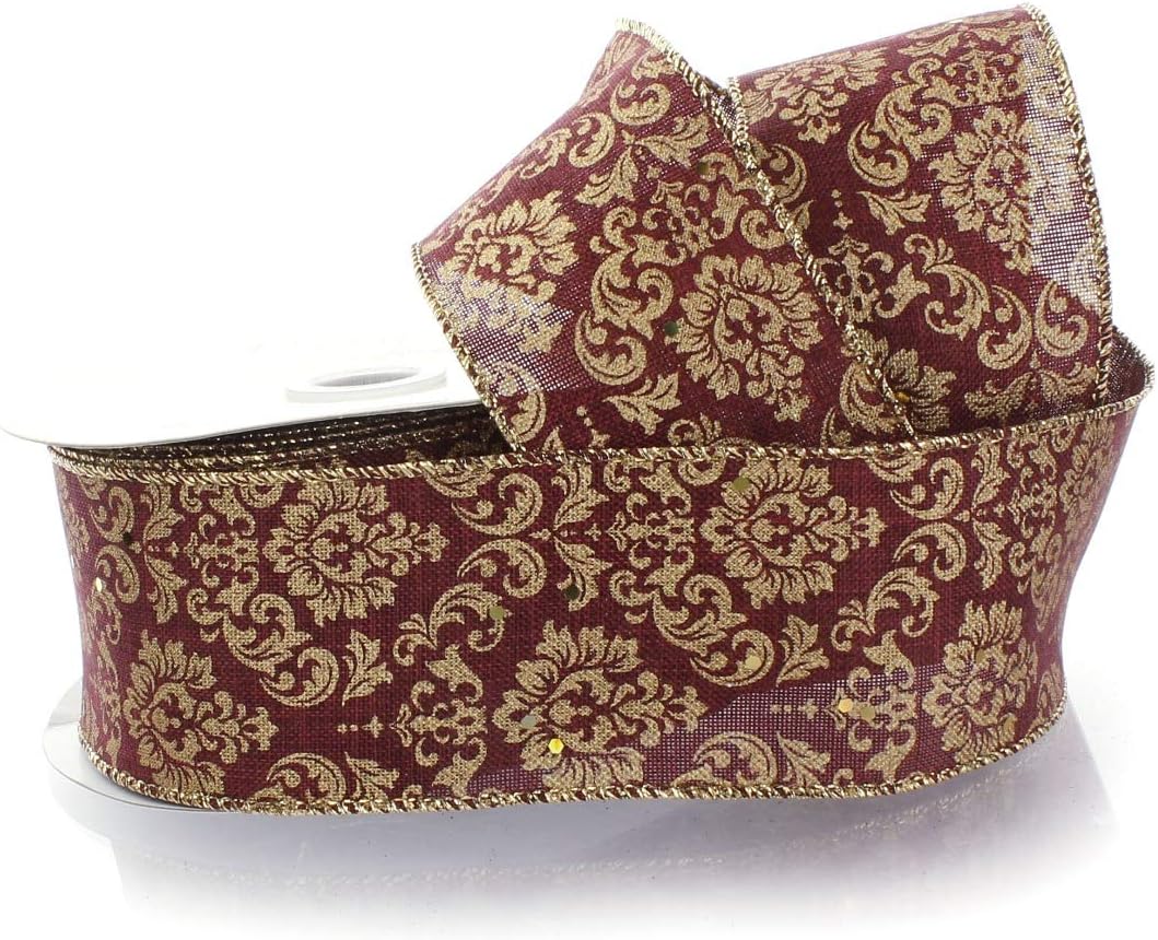 Ribbon Traditions 2 1/2 Wired Ribbon Burgundy/Gold Damask - 10 Yards