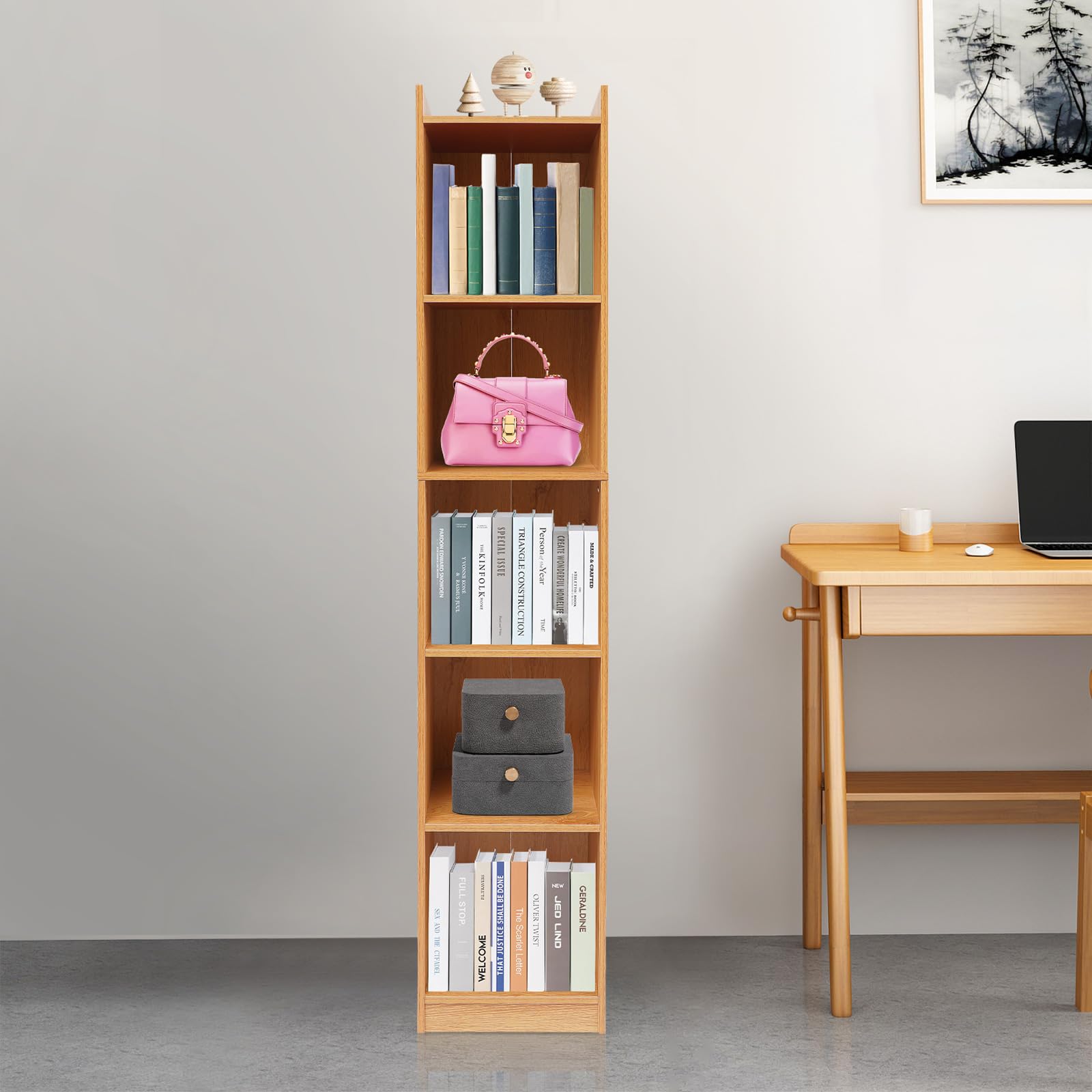 Bücherregal mit 5 Fächern, Standregal Weiß, Würfelregal, freistehendes Regal, Büroregal Aktenregal aus Holzwerkstoff, 30 * 24 * 152cm (Eiche)