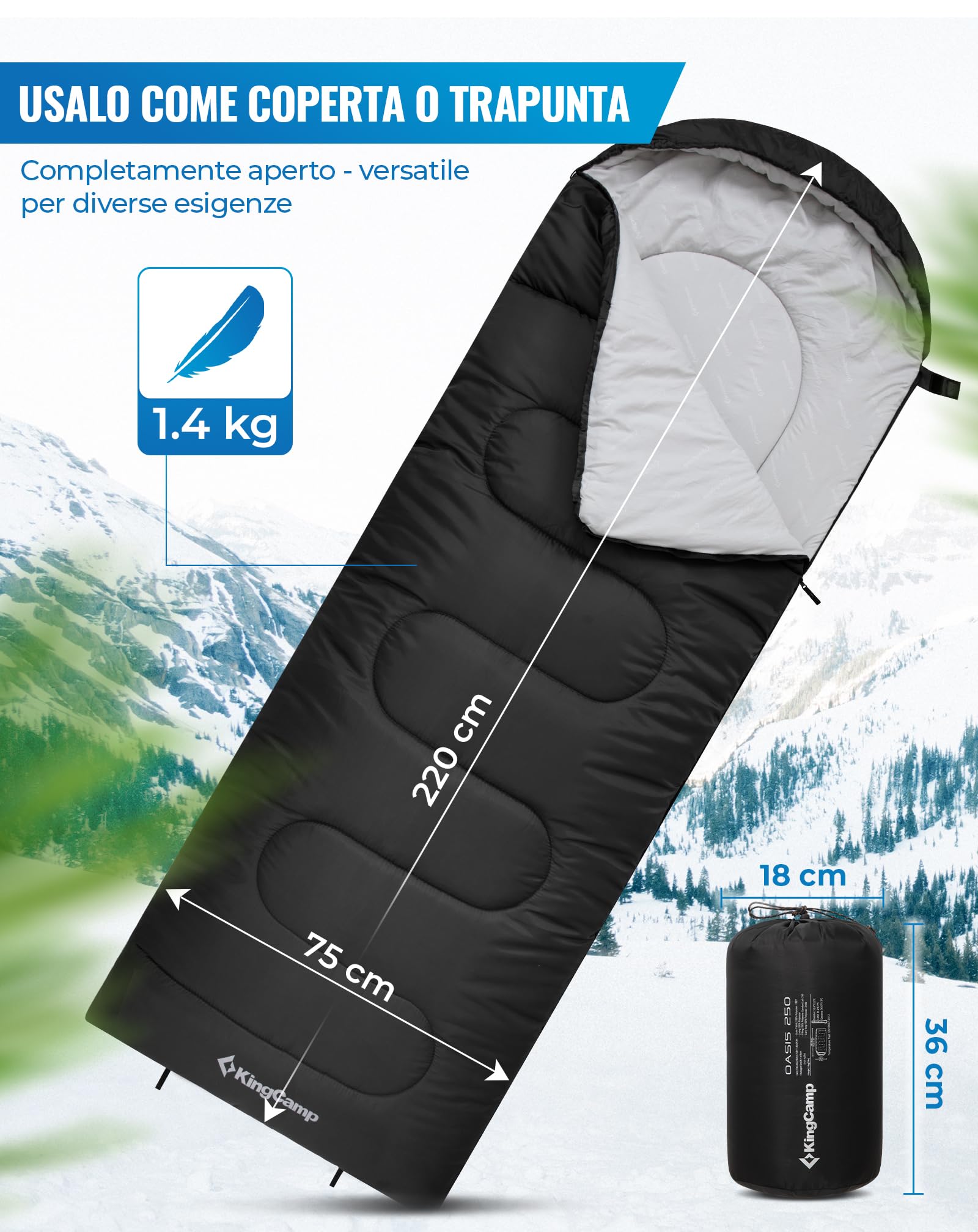 KingCamp Sacco a Pelo Oasis 3-4 Stagioni Impermeabile e Leggero per Camping (Bambini e Adulti) - Collegabile Sinistra/Destra per Doppio, Ideale per Viaggi e Attività Outdoor