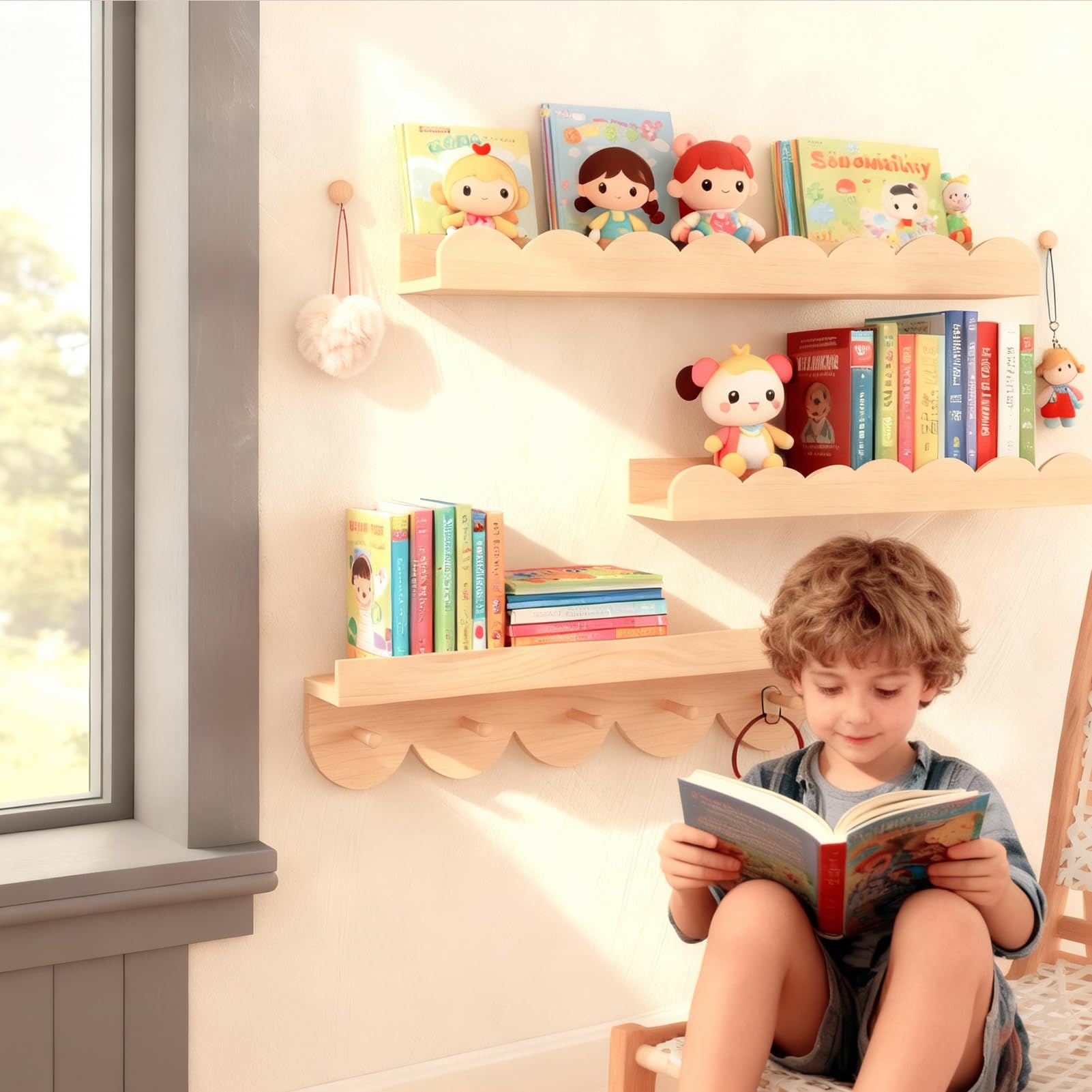 BunteHunde Nursery Shelves, 3- Pack Nursery Book Shelf with Hook 15.75-Inch Kids Wall Bookshelf (Wood), Wood Nursery Book Shelf - Image 2