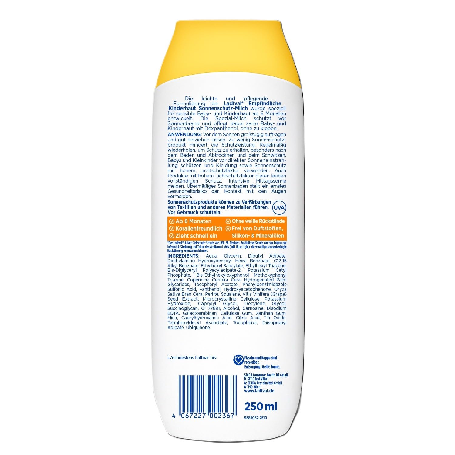 Ladival® Empfindliche Kinderhaut Sonnenschutz-Milch LSF 50+ für Kinder und Babys ab 6 Monaten, extra wasserfest, mit 4-fach Zellschutz, Sonnencreme 250ml