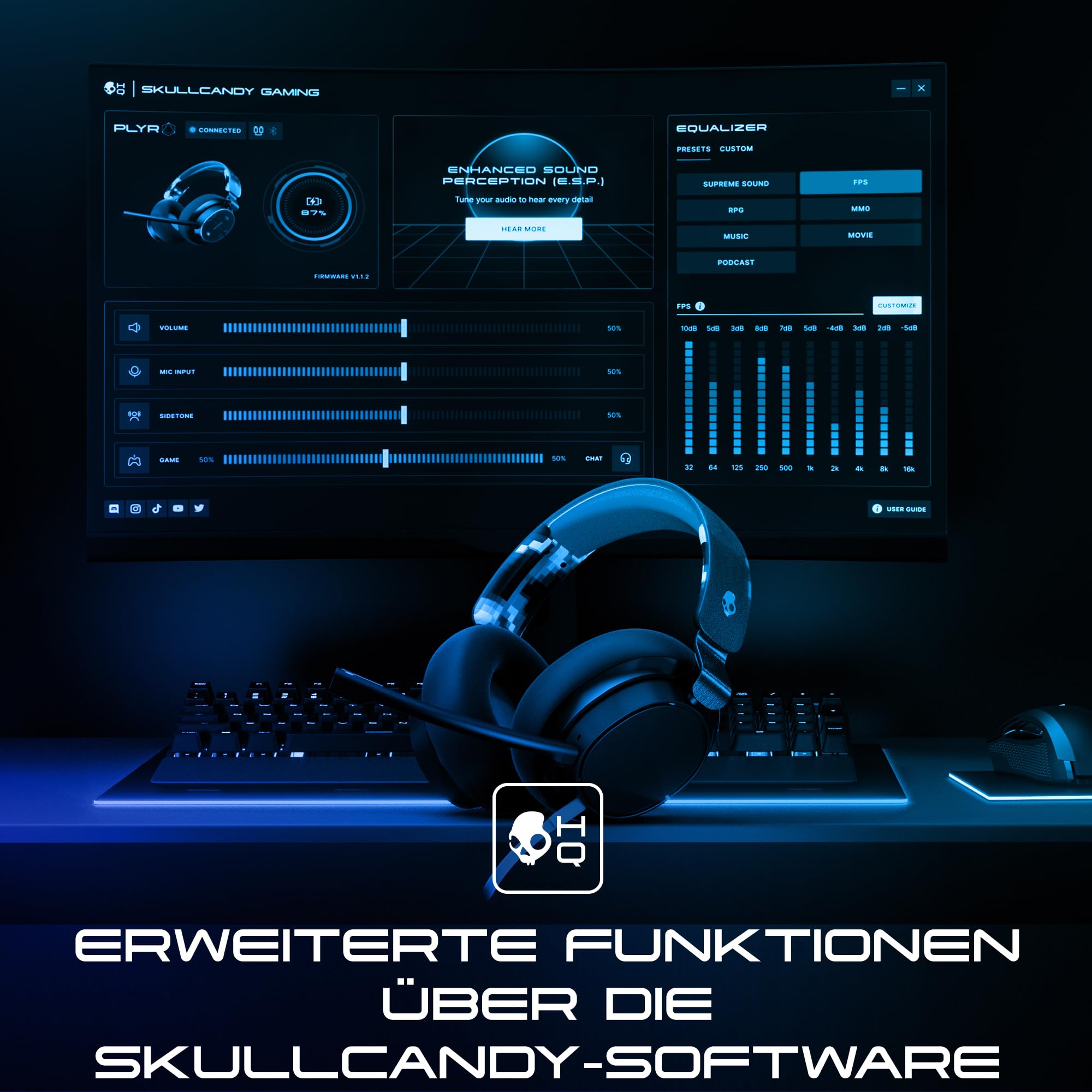 Skullcandy SLYR Pro Kabelgebundenes Multi-Platform Over-Ear Gaming Headset für Xbox, PlayStation und PC, Enhanced Sound Perception, KI-Mikro - Blau