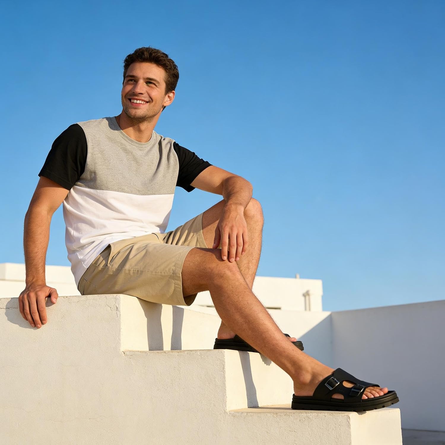 Mens Platform Sandals - Arch Support Adjustable Double Buckle Slides Non-Slip Slide Sandals for Daily Wear
