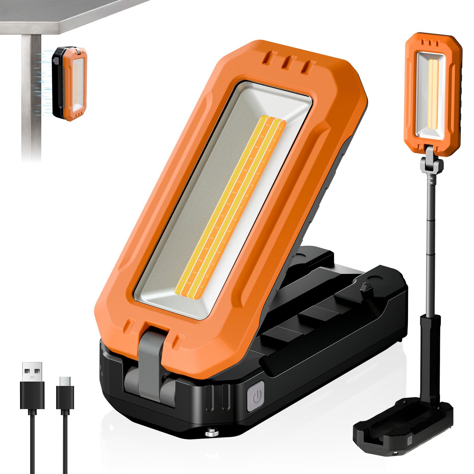 M Karmater Orange Work Light Rechargeable Magnetic Base Inspection Light, 1200 Lumens Portable Torch With Hook For Job Site, Workshop, Emergency And Camping