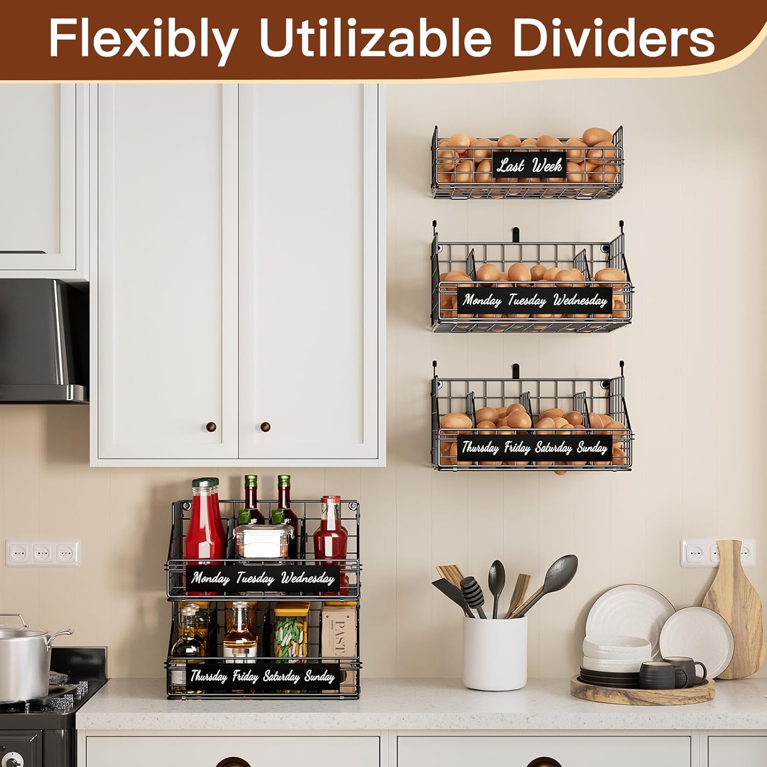 Egg Basket for Countertop, Egg Holder Countertop with 5 Dividers & Labels, 3 Tier Stackable Wire Storage Baskets to Keep Eggs Organized, Optimized Height Egg Storage for Coutertop Cabinet, Black