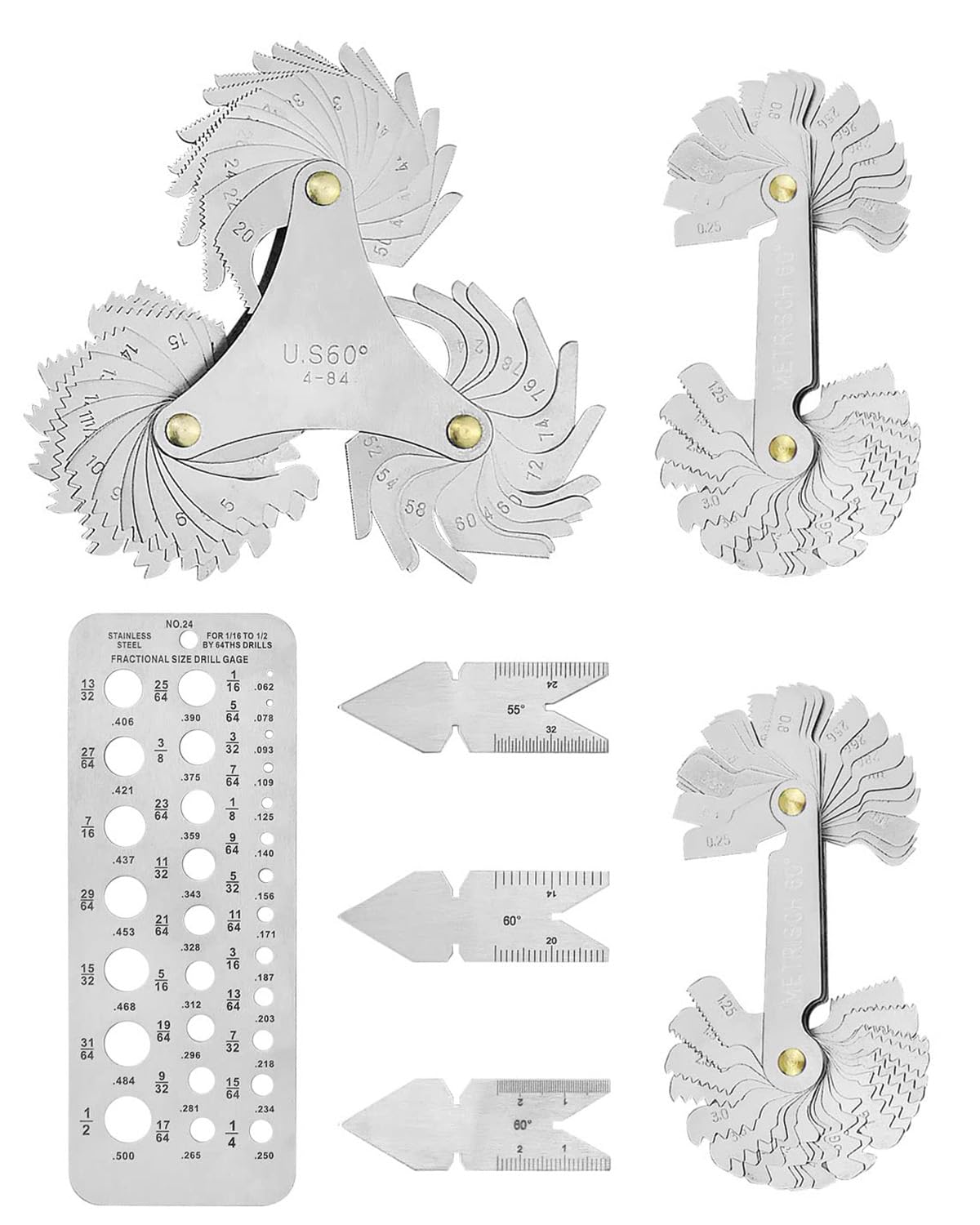 7 PCS Screw Thread Pitch Cutting Gauge Tool Set for Industrial Measurement, 3 PCS Center Gage 1 PC Drill Gauge, 1 America Type 1 Metric America Type 1 Metric Imperial US, Stainless Steel