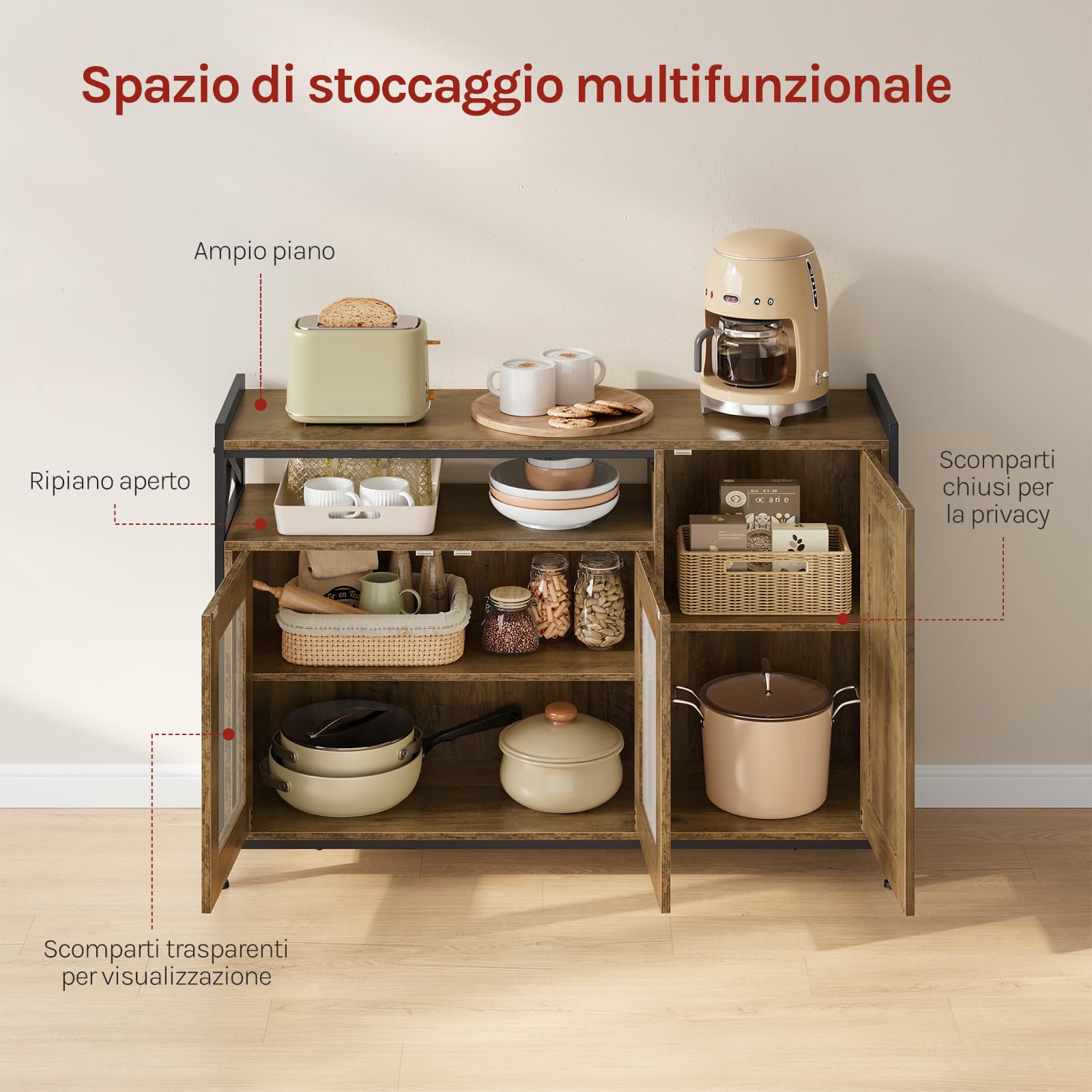 WOLTU Credenza Cucina con 3 Ante, Mobile Buffet Salvaspazio con 2 Ripiani Regolabile, in Legno e Metallo, per Cucina, Soggiorno, Ingresso, 110x33x75 cm, Effetto Legno Marrone