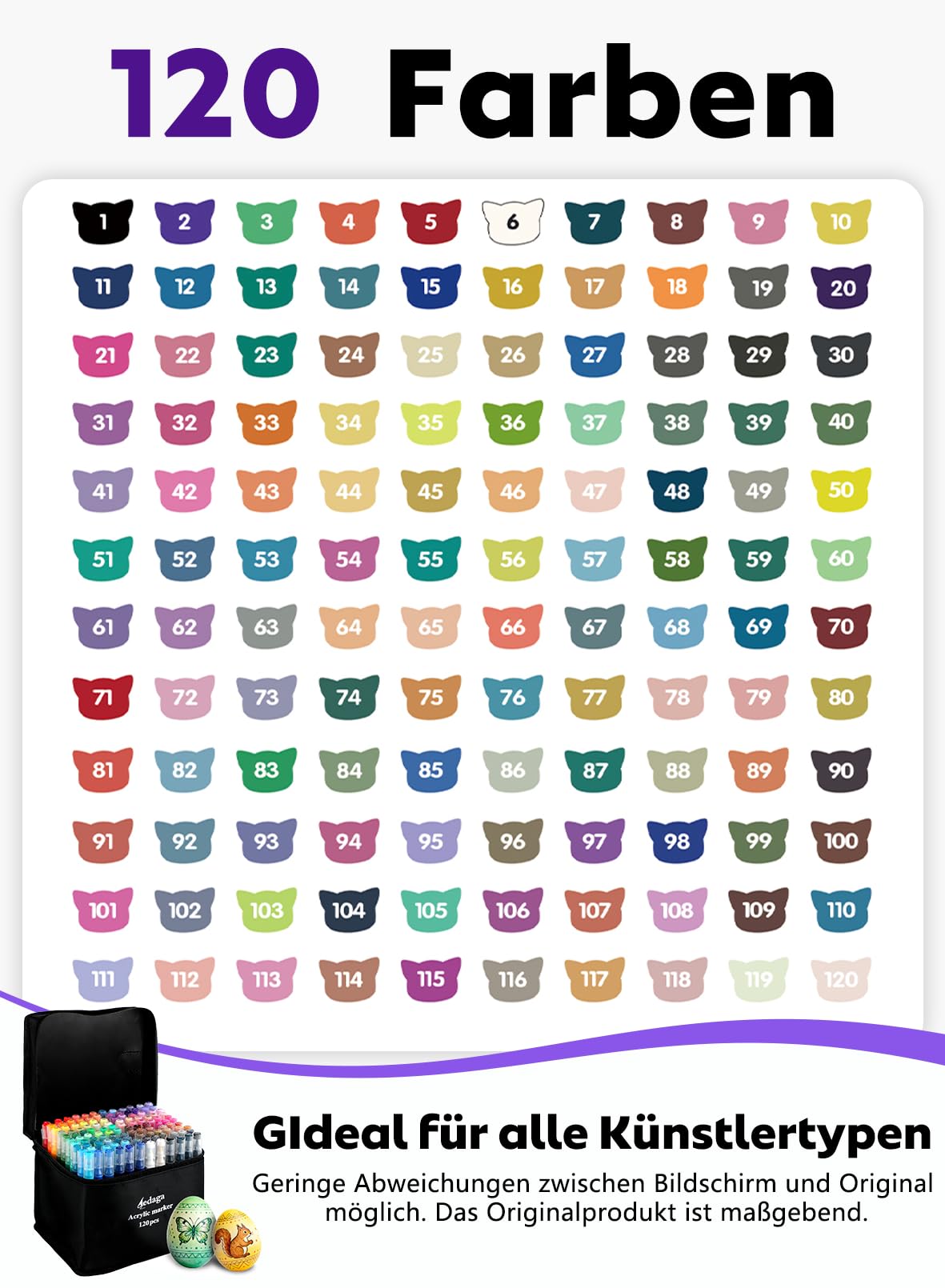 ‌120 Farben Nummerierte Acrylstifte Set mit App Acrylic Marker Doppelspitze | Vielseitig einsetzbar | Starke Deckkraft | Farbecht | Wasserfest | Acrylmarker für Erwachsene, Eier, Holz, Stein, Leinwand