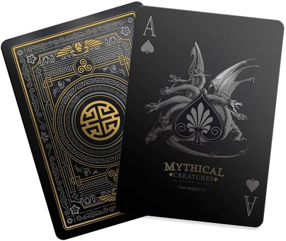 Mythical Creatures Playing Cards - Black, Silver & Gold Edition | Waterproof PVC | Greek, Norse, Egyptian, East Asian Designs | Custom Hand-Drawn Art