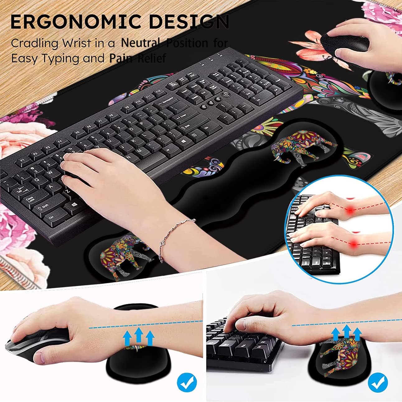 Gaming Mouse Pad XXL Large Desk Mat Non-Slip Rubber Mice, Stitched Edges(31.5x11.8 in) Ergonomic Memory Foam Keyboard Wrist Rest, Cute Funy Anime Cartoo Colorful Elephant Black Extended Mouse Pad Set