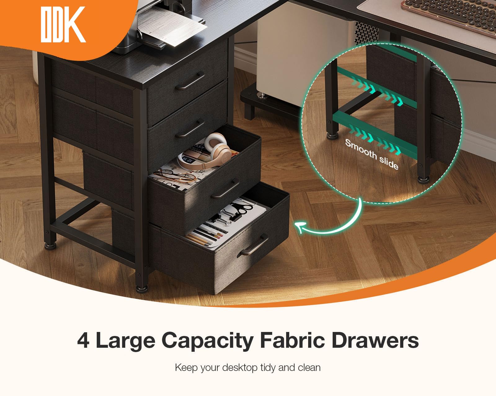 ODK Scrivania angolare con cassetti, scrivania reversibile a forma di L con presa di corrente, scrivanie da ufficio con porta di ricarica USB e supporto per host per casa e ufficio, nero, 135 x 100 cm