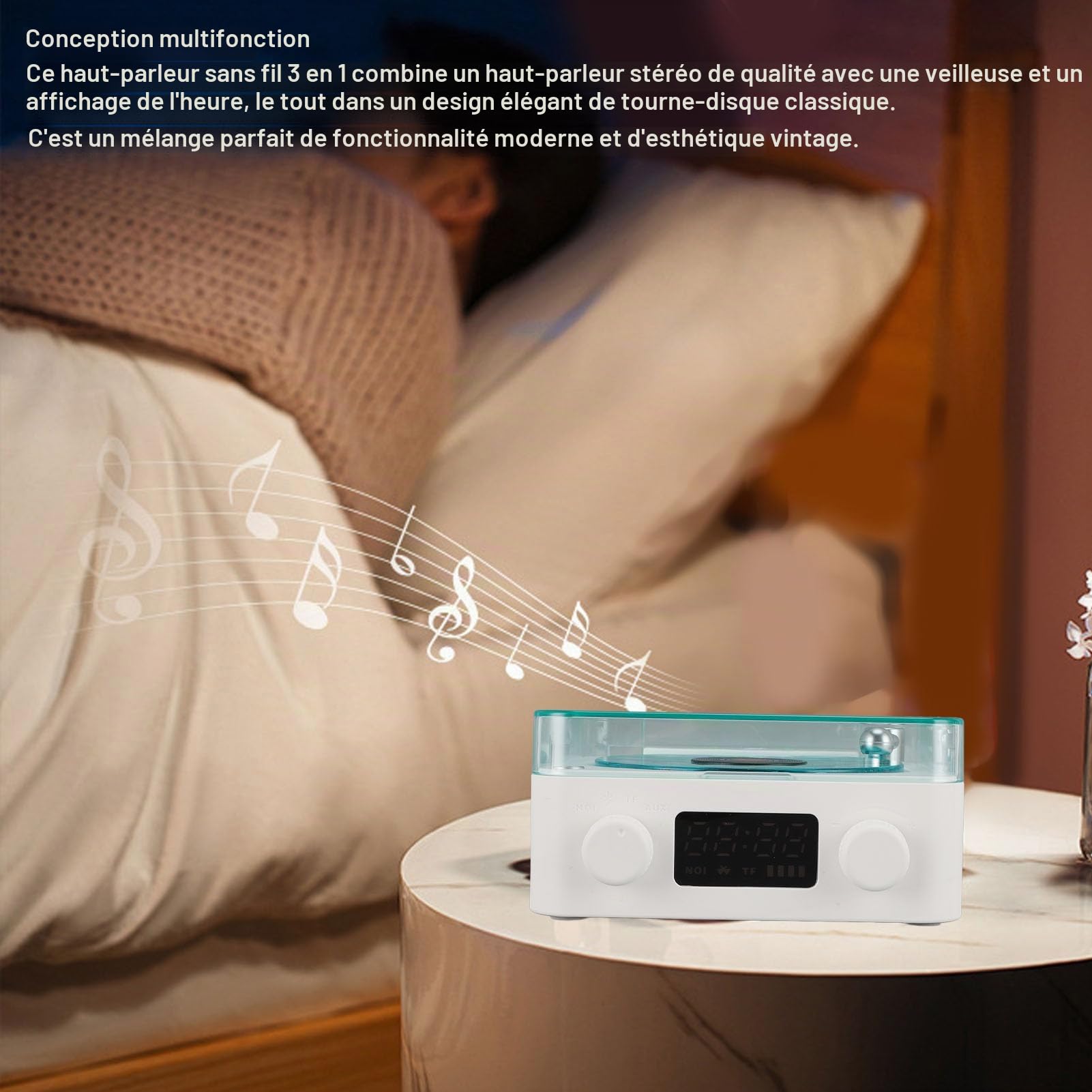 Waves Haut,Parleur Bluetooth Vintage, Lecteur Stéréo Portable avec Veilleuse et Affichage de L'Heure pour Chambre Bureau Fête – 1500 mAh Batterie Intégrée