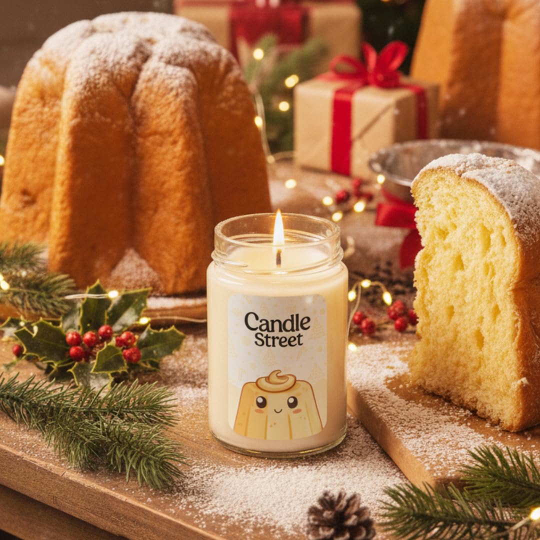 Candle Street Pandoro Duftkerze 500 g | Vanille, Zitrone und Karamell | Kollektion Süße Weihnachten | Handgemachte Kerze im Glas, 120 Stunden Brenndauer, perfektes Geschenk für Partys
