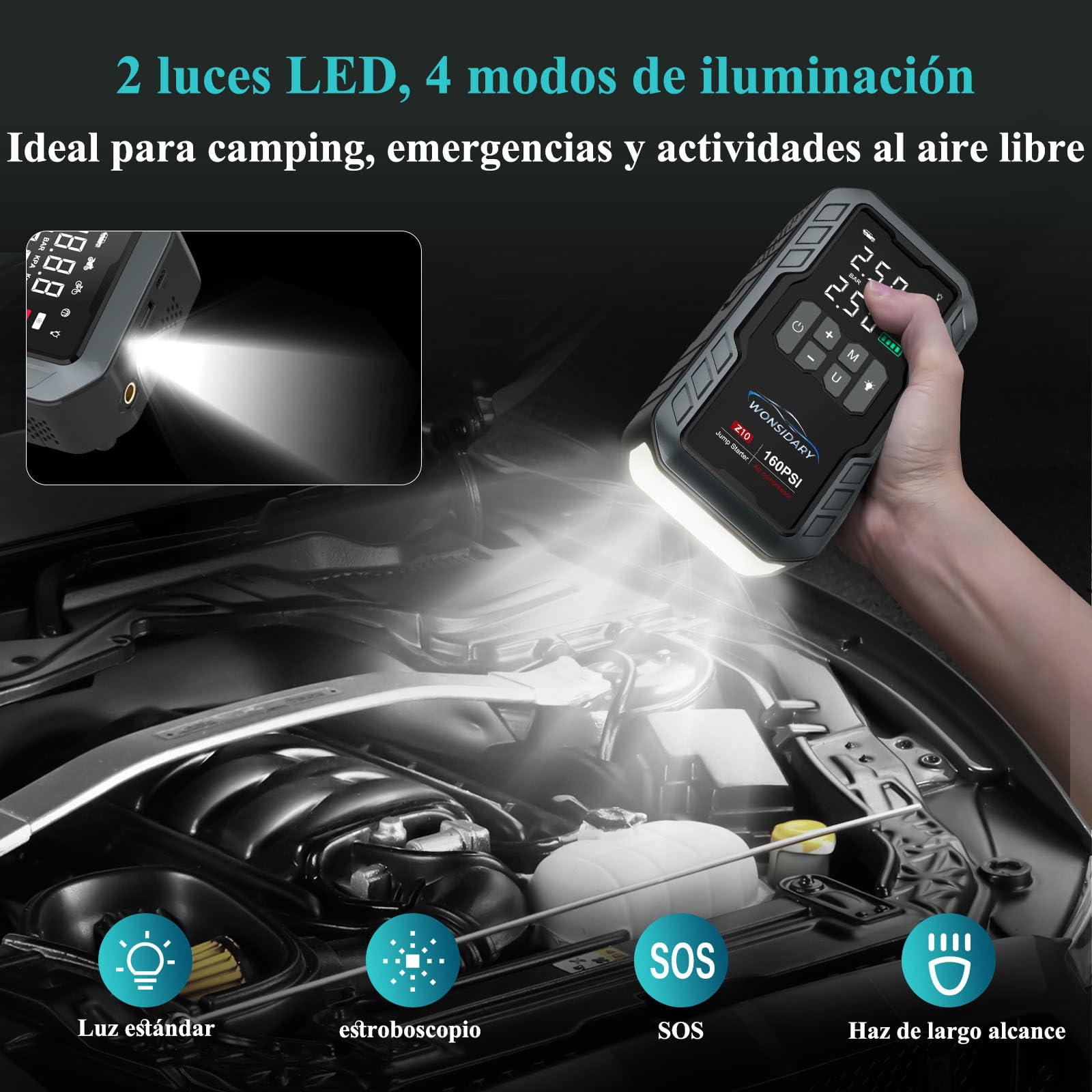 Arrancador de Baterias de Coche 7000A con Compresor,160PSI Inflador de Neumáticos,27000mAh 12V Jump Starter (Todo Gasolina o 8.0L Diésel),Doble LED con 4 Modos de Luz,Pantalla LCD, Kit de Viaje