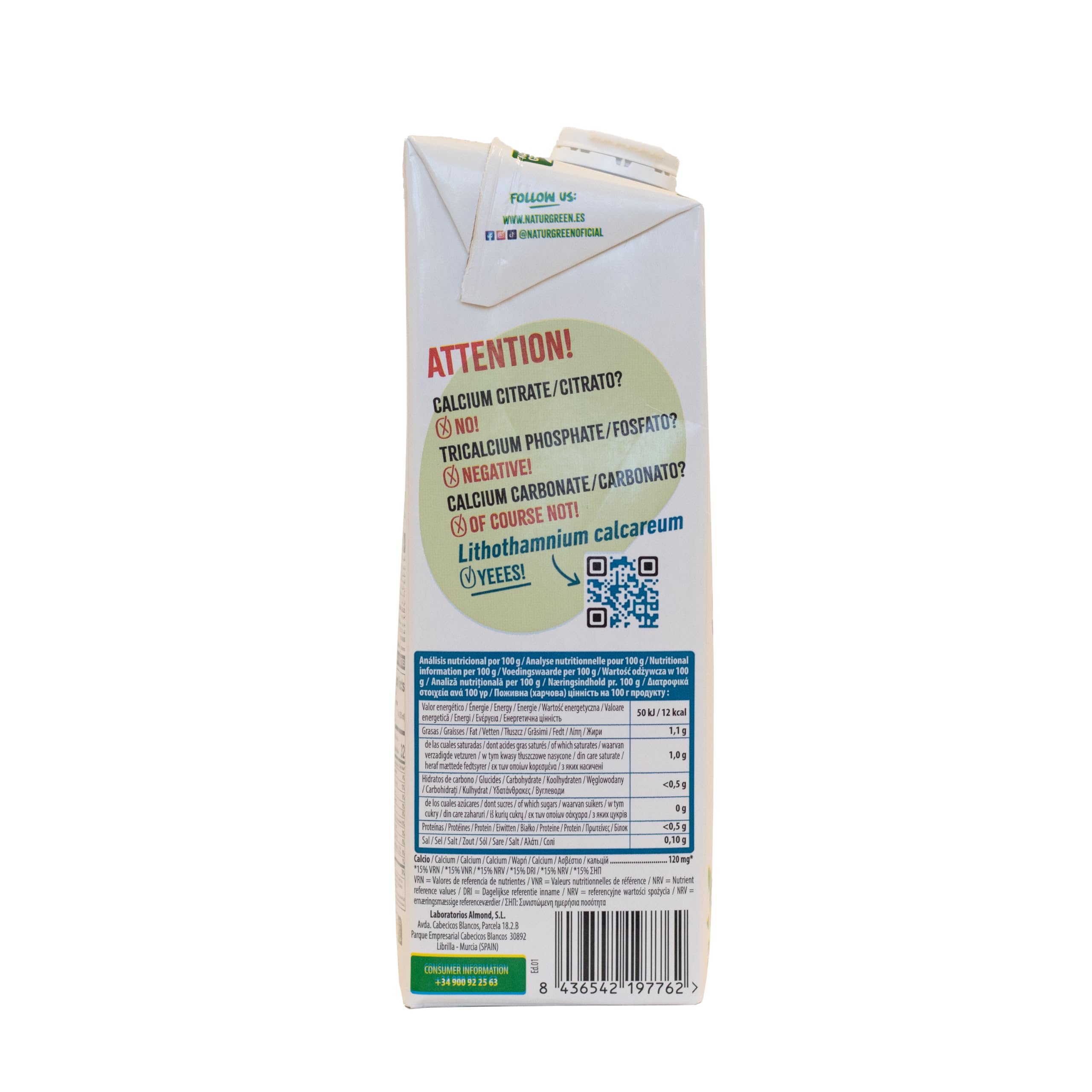 NaturGreen Coconut Calcium Sin Azúcar, Bebida Vegetal de Coco con Calcio Añadido, Vegano, Sin Gluten, Sin Lactosa, 1L